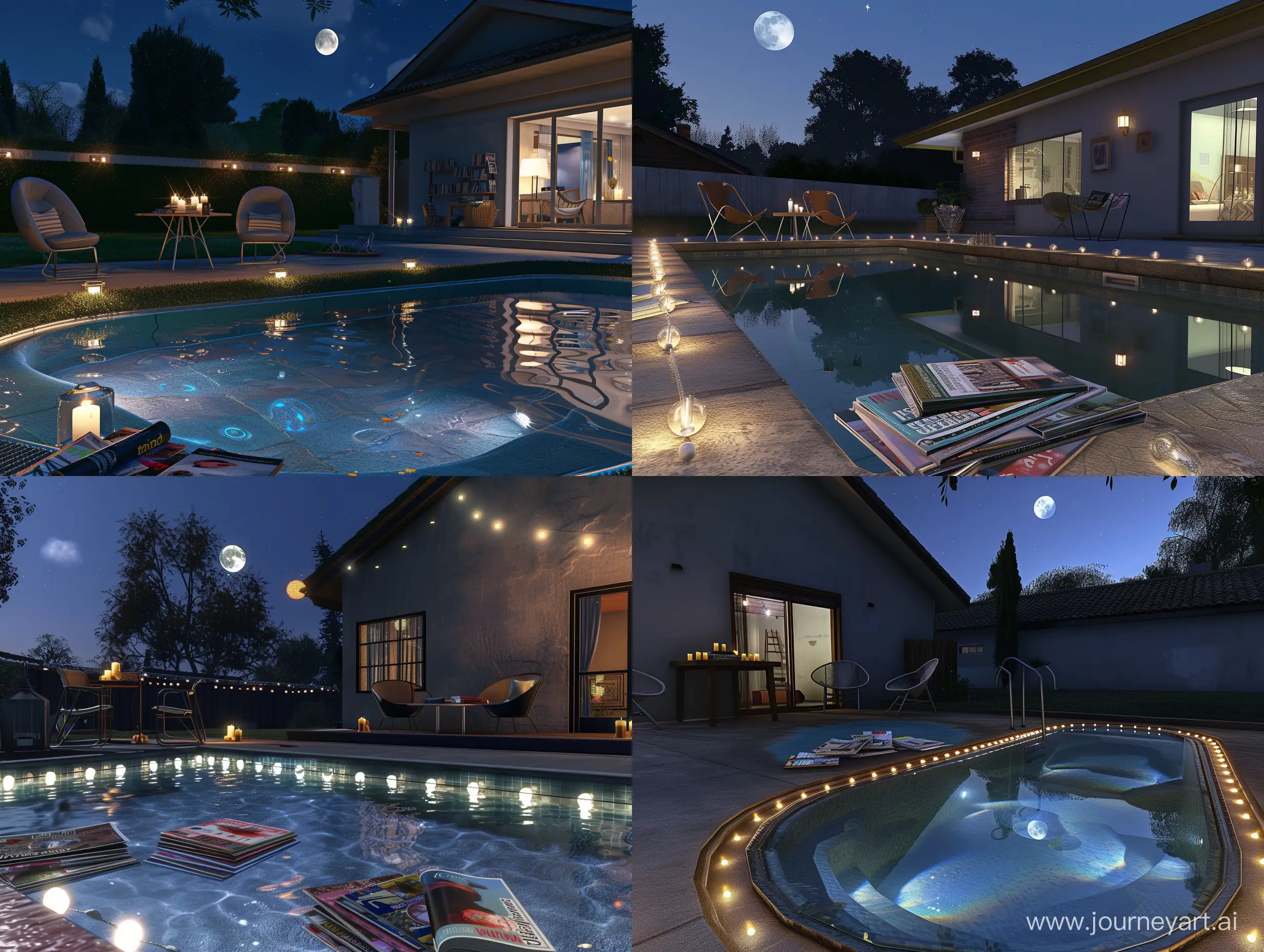 beautiful american house at night. a backyard a small swimming pool, with beautiful edging, desighned lights reflecting in the transparent water. near is a little table with magazines and candles. there are two design chairs near the table. 8 to ultrarealism, unreal engine, clear objects, beautiful nihgt skies with moon