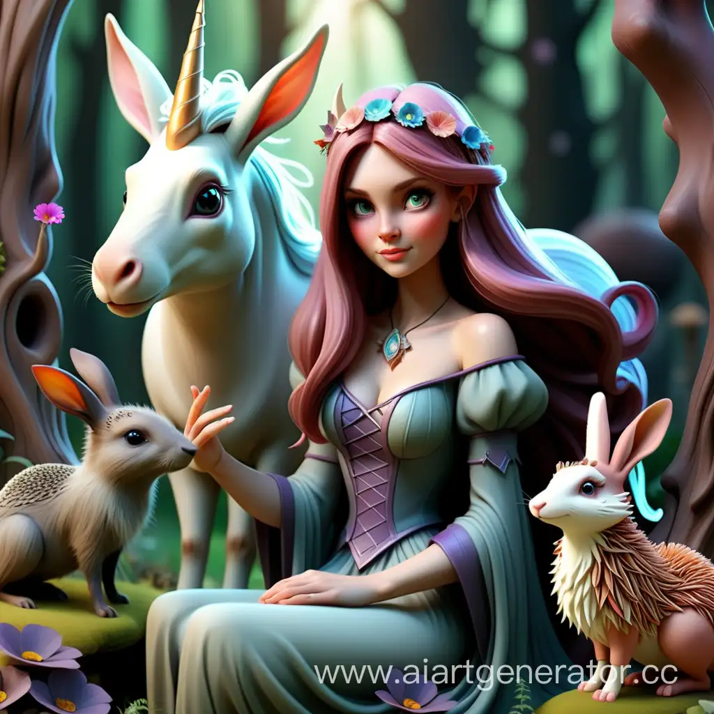 Красивая волшебница в сказочном лесу рядом с единорогом. Вокруг нее милые животные -: зайцы, ежики, бобры.