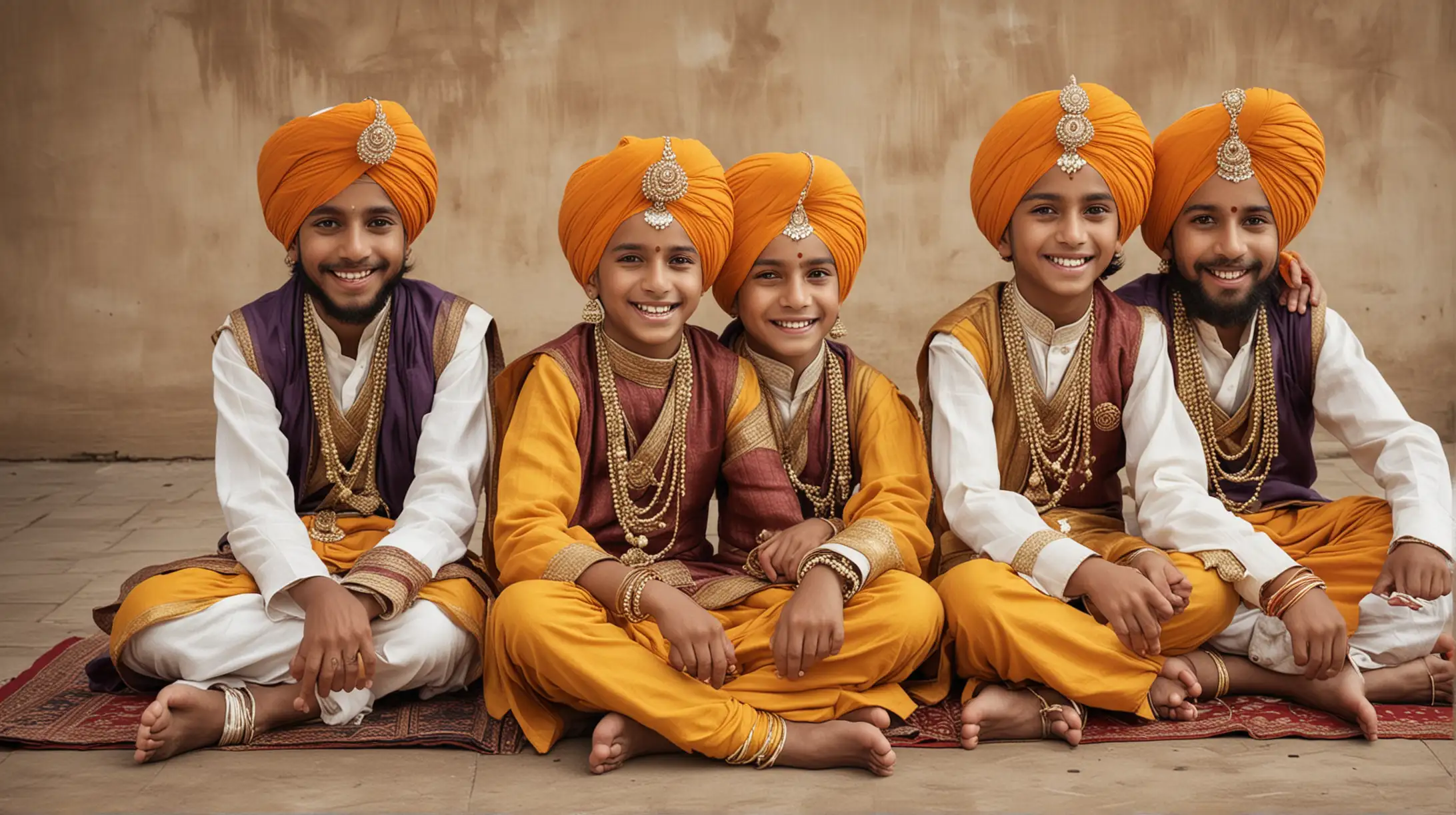 4 young sikh boys sitting down cross legged with smiles on their faces, dressed in regal clothing, set in India 300 years ago.