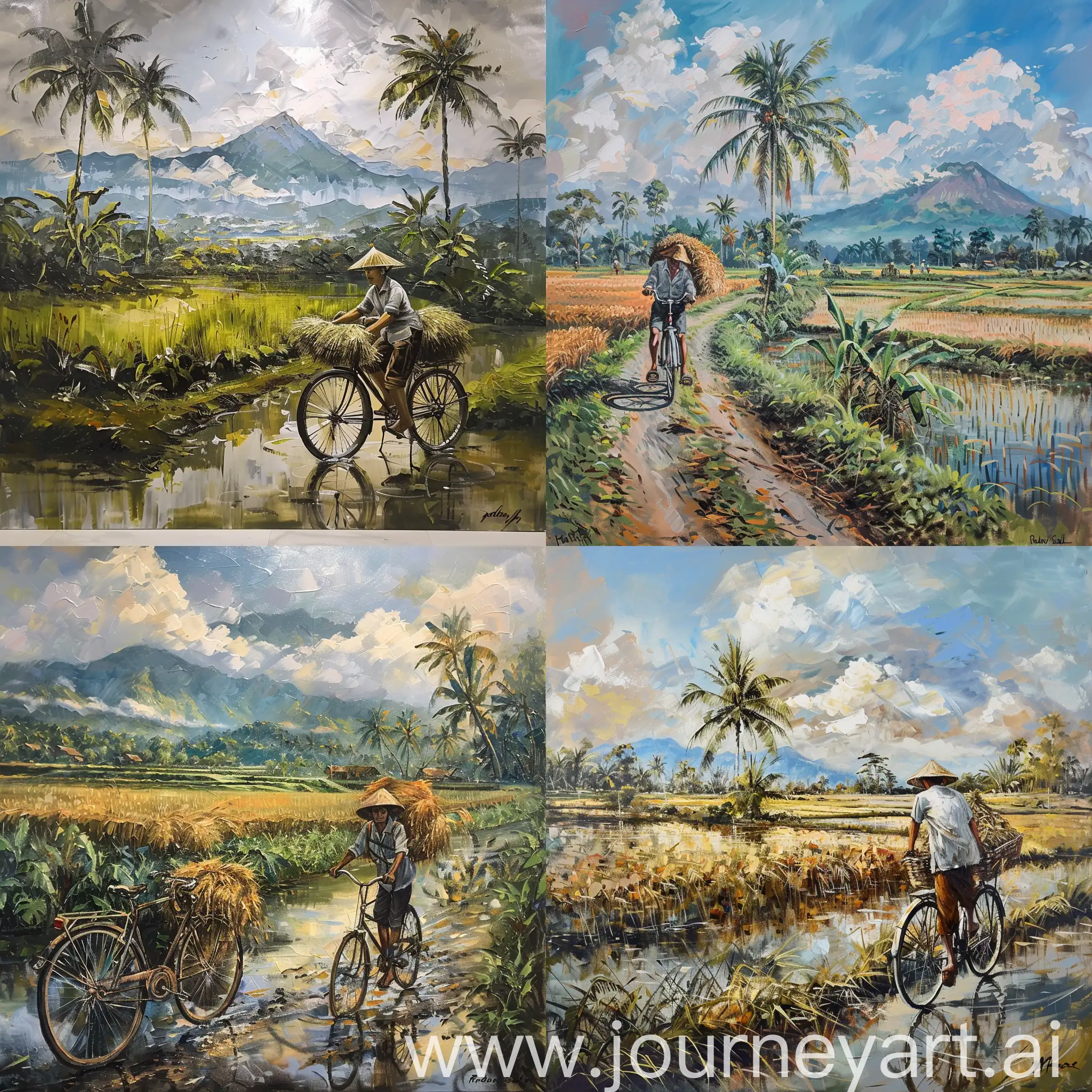 indonesian panorama painting of mounting and paddy field with farmer carrying paddy with his old indonesian bicycle  with raden saleh style