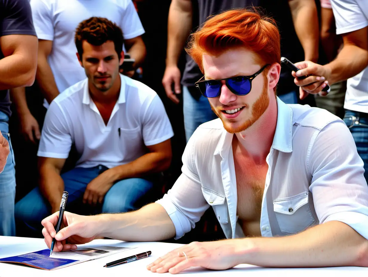 Handsome redhead rock star glasses, stubbles, shirtless, half transparent open white shirt, blue jeans very sweaty oiled up, signing autographs meet and greet 