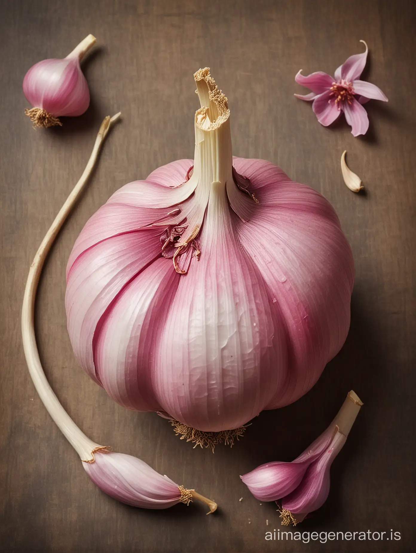 UNE gousse d'ail rose dans le style d'une image médiévale 