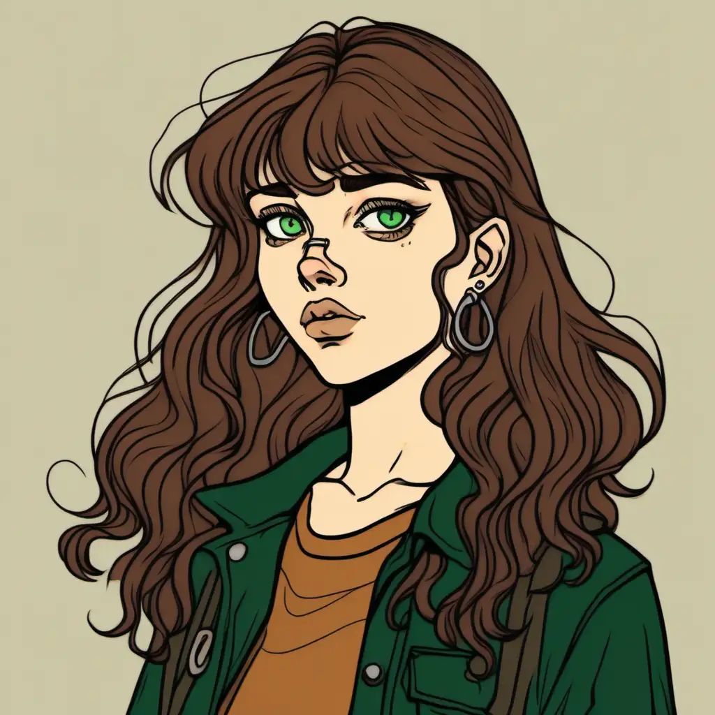 Daria style character with wavy, long, warm brown hair, short bangs, septum ring, dark green eyes