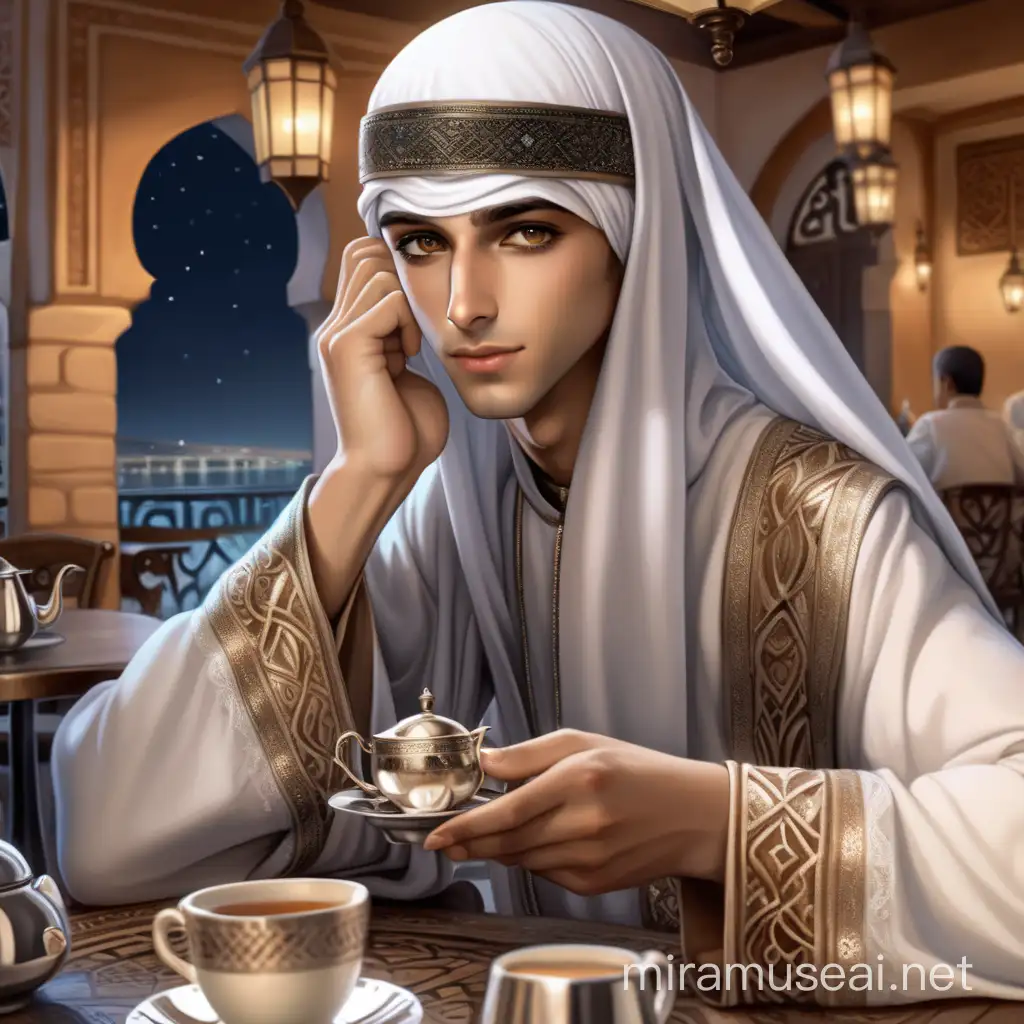 A thin and beautiful boy, charming look, wearing arabi nights outfit, in an Arabic caffe, serving tea, looks feminine, a veil covers his face, only gorgeous eyes are showing 