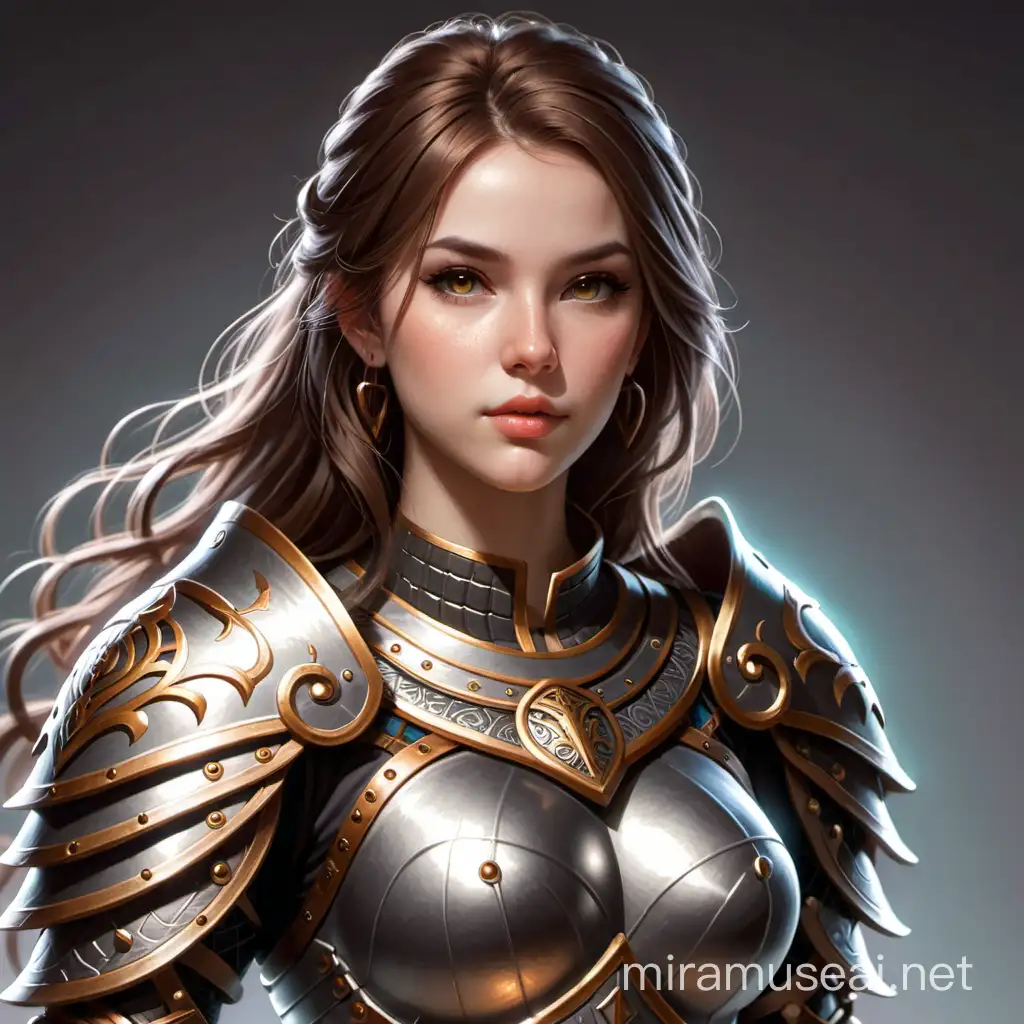 female warrior priestess brown hair grey eyes armour