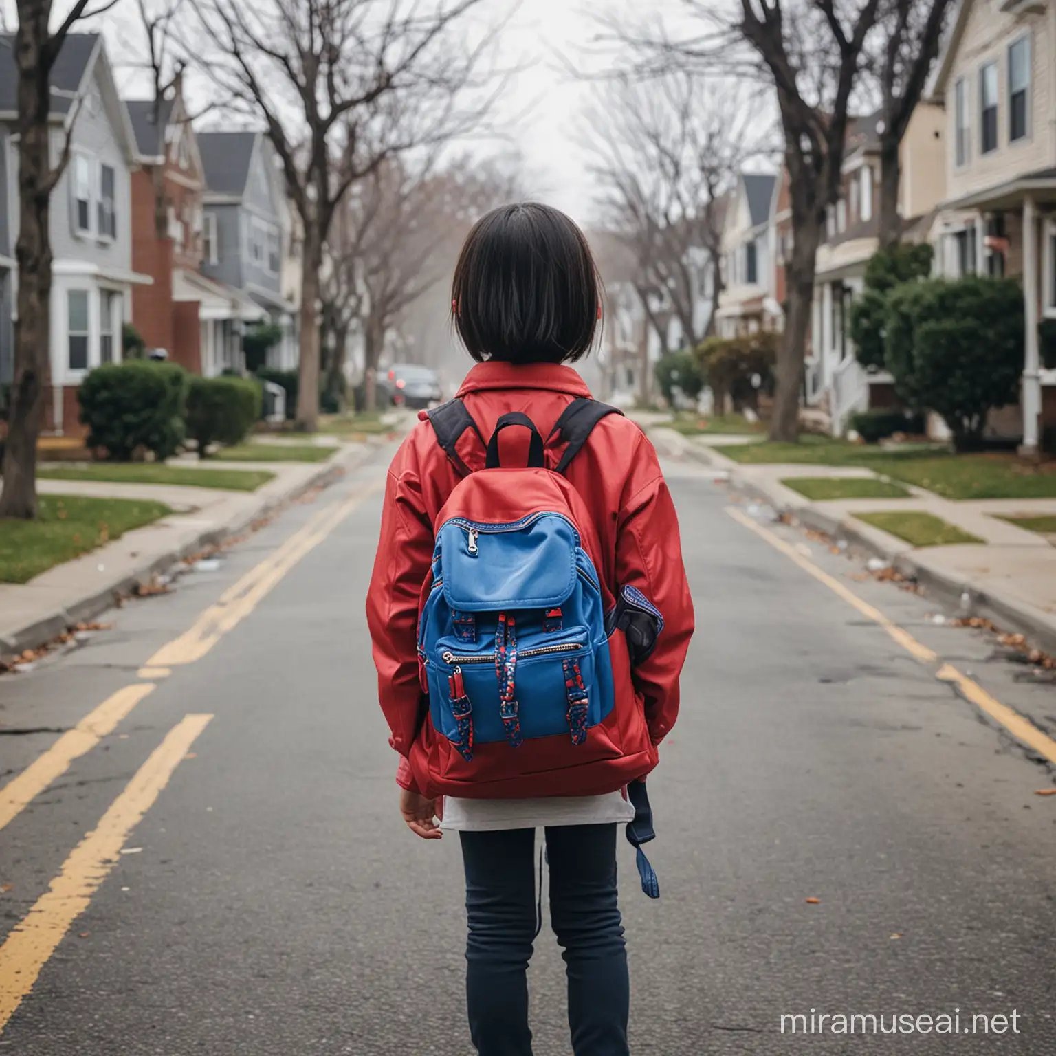一个背着东亚民族风红蓝色背包的亚裔小女孩的背影，站在美国社区空荡的街道上，天空很阴沉