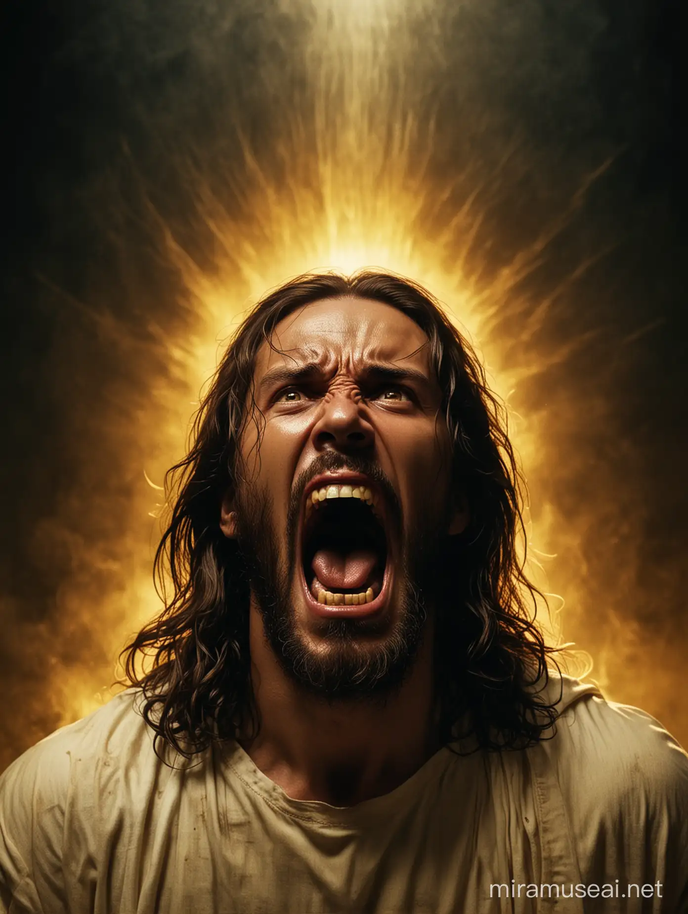 حضرت عیسی مسیح، خشمگین، در حال فریاد زدن، در جهنم، پس زمینه تاریک و نور زرد رنگ