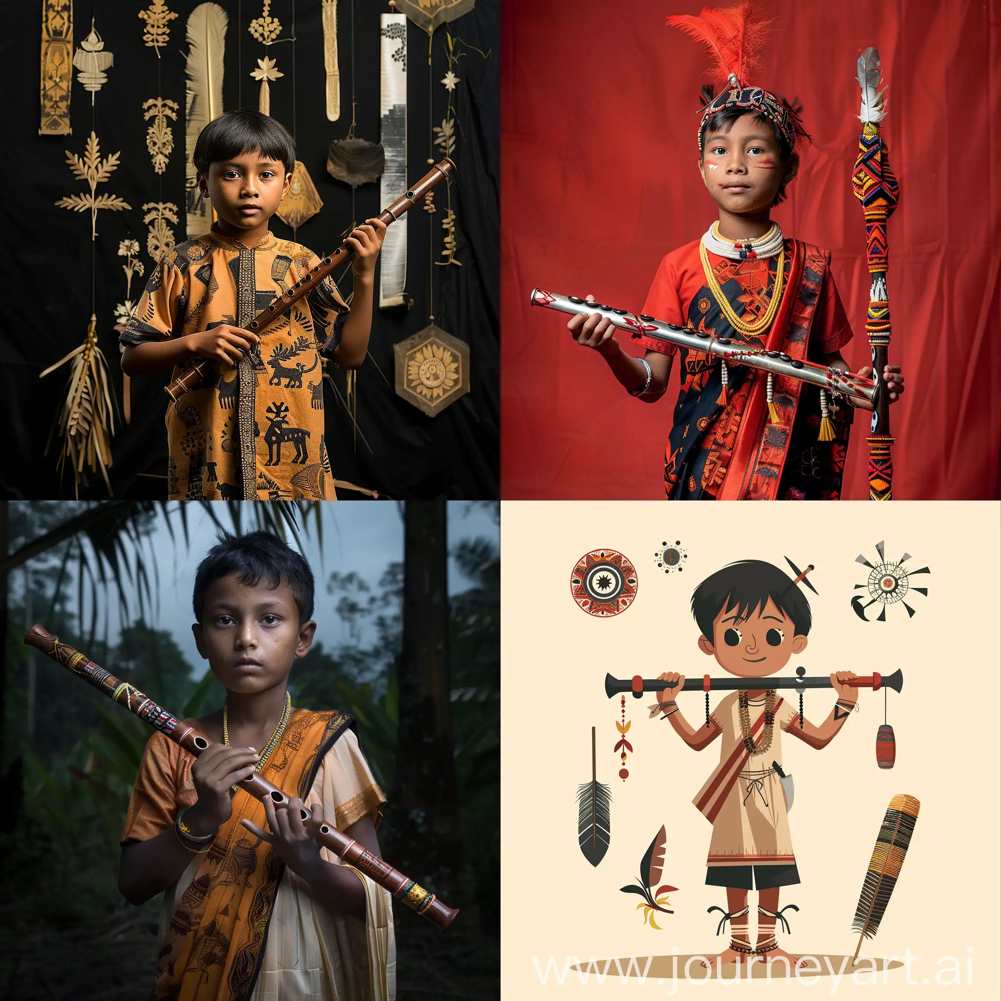 A indegenious assamese boy holding flute with cultural symbols