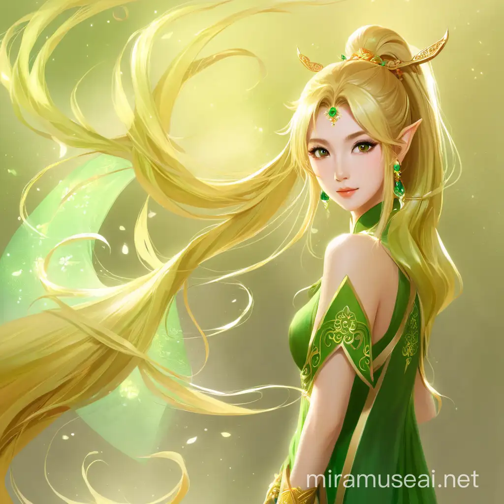 金色长发的精灵，马尾辫，额头戴绿宝石，绿色低胸裙，中式可爱的面容