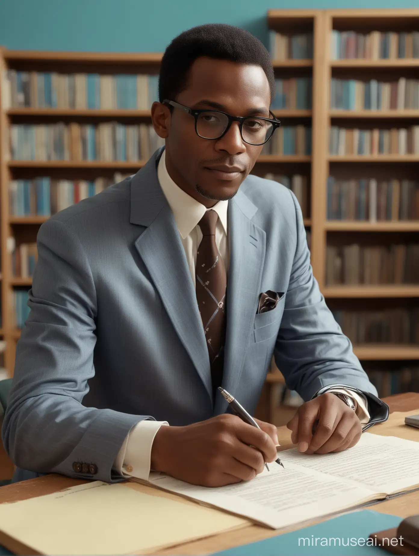 the 50 year old carribean man wearing glasses 1960s man wearing a man suit is writing a letter on  electronic  style laboratory. he is looking at the camera lens with a library in the background in the style of light brown and blue black, fashwave, candid celebrity shots, uhd image, body extensions, natural beauty --ar 69:128 --s 750 --v 5. 2