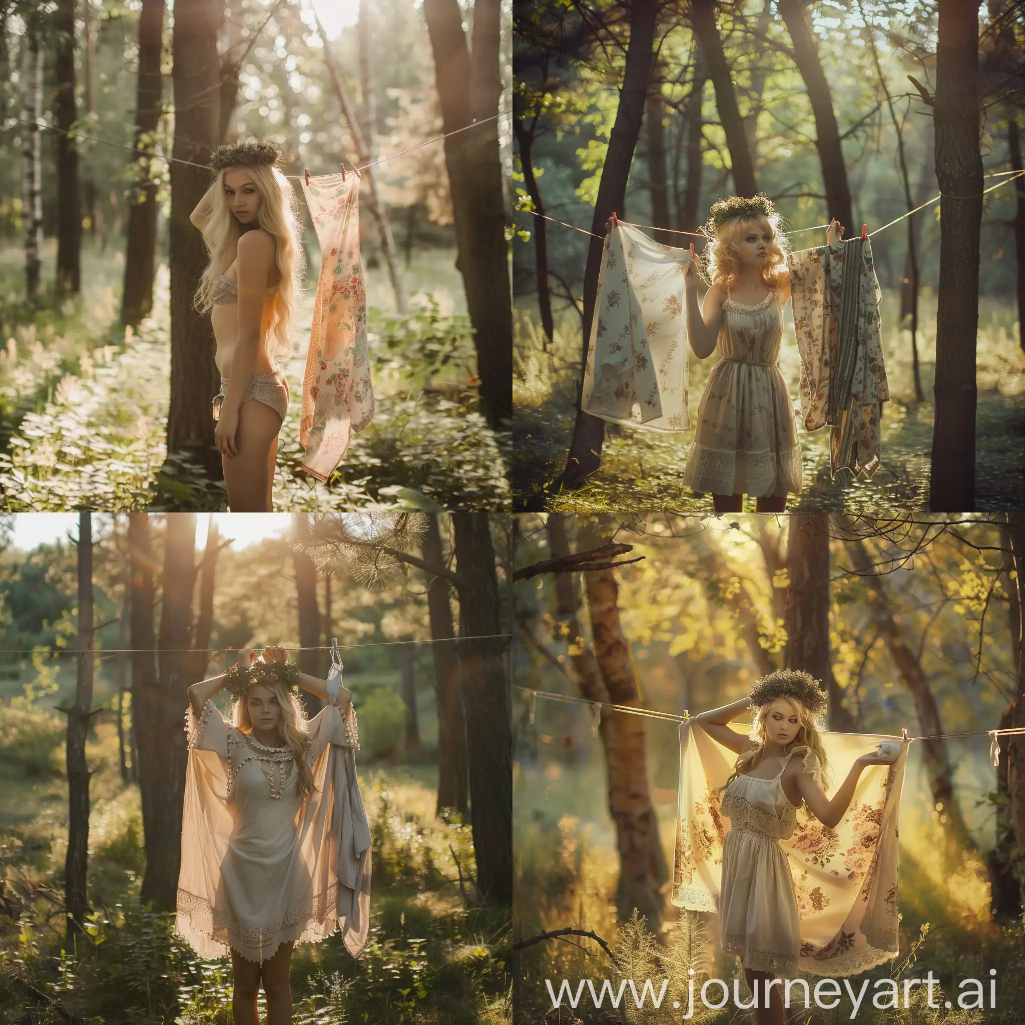 natural photo of a woman hanging laundry, forest, meadow, laundry line hanging between trees, warm sunlight, vintage woman's clothes, blonde, wearing a wreath on her head natural photo
