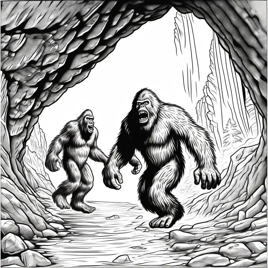 Playful Bigfoots Exploring Enchanting Cave in Coloring Pages