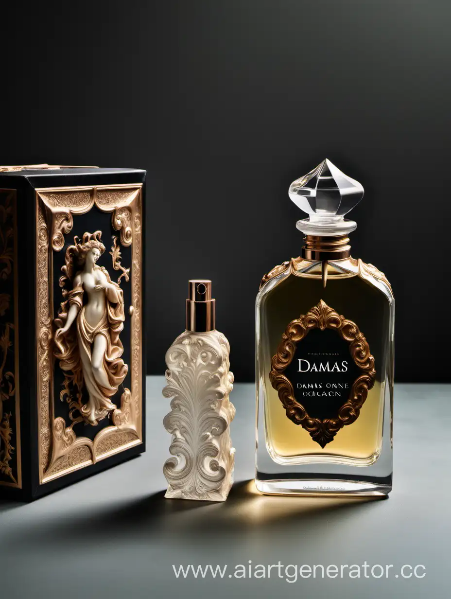 a bottle of damas cologne sitting next to a box, a flemish Baroque by Demetrios Farmakopoulos, instagram contest winner, dau-al-set, dynamic composition, contest winner, feminine