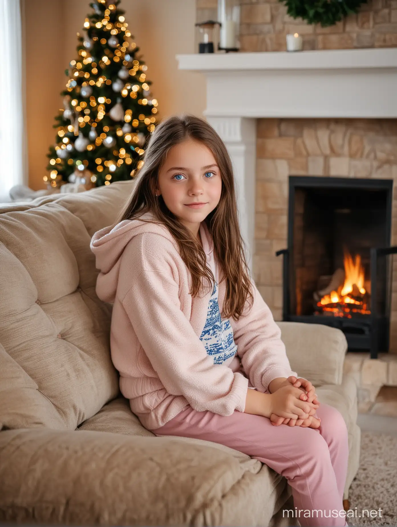Девочка 13 лет, милая, шатенка, голубые глаза сидит на диване на фоне камина, зима, Рождество