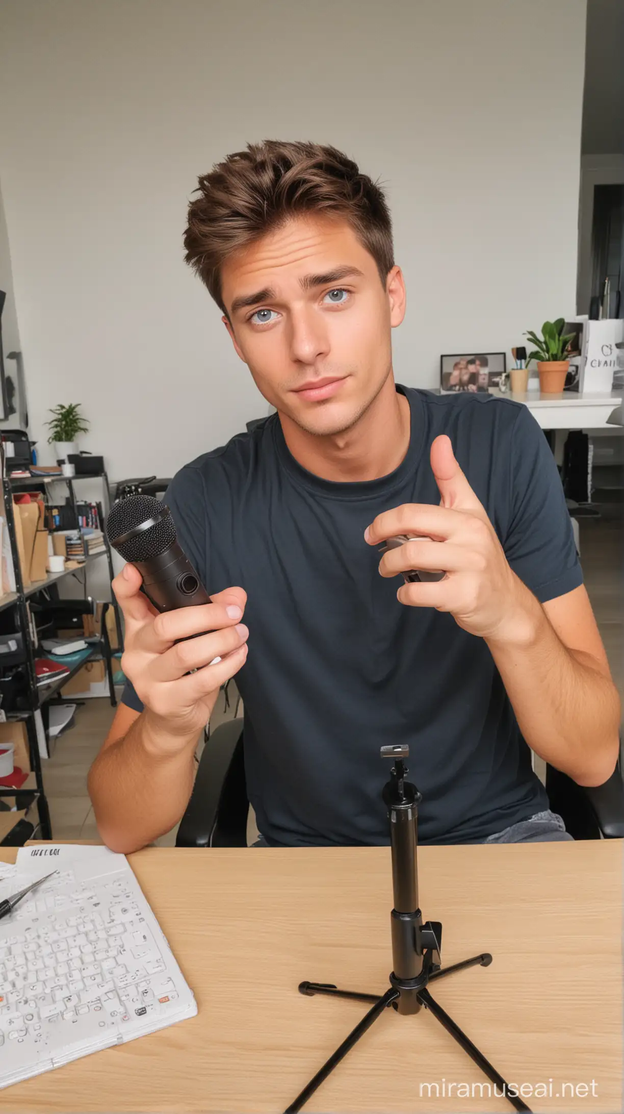 Photo of a seated European man with brown hair and blue eyes. He is sitting at his desk to film a tiktok video with his phone poor quality camera (snapchat quality). He is holding a small portable microphone in his hand.