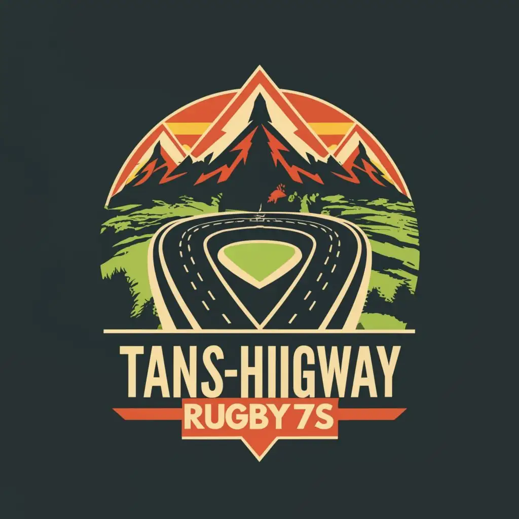 logo, Highway road in the shape of the number seven with mountains, with the text "Trans-Highway Rugby 7s", typography, be used in Sports Fitness industry