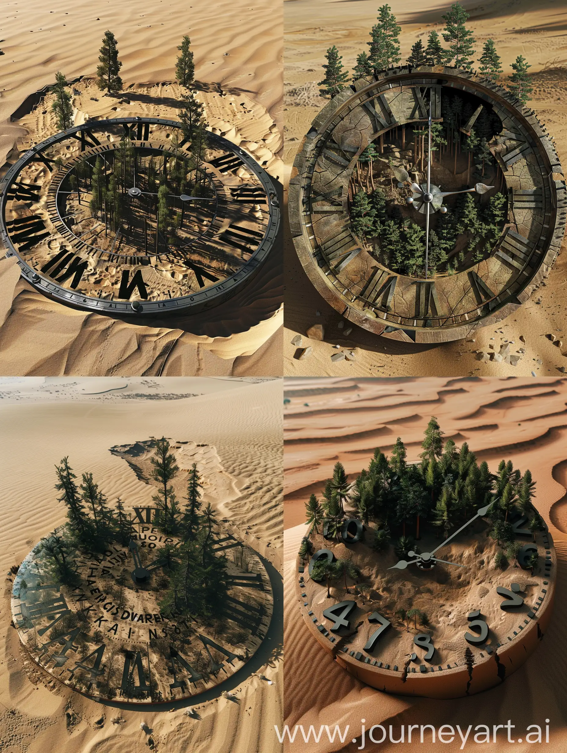 A clock with letters instead of numbers. The letters are black, the clock contains forest elements. The clock is huge and lies in the desert.