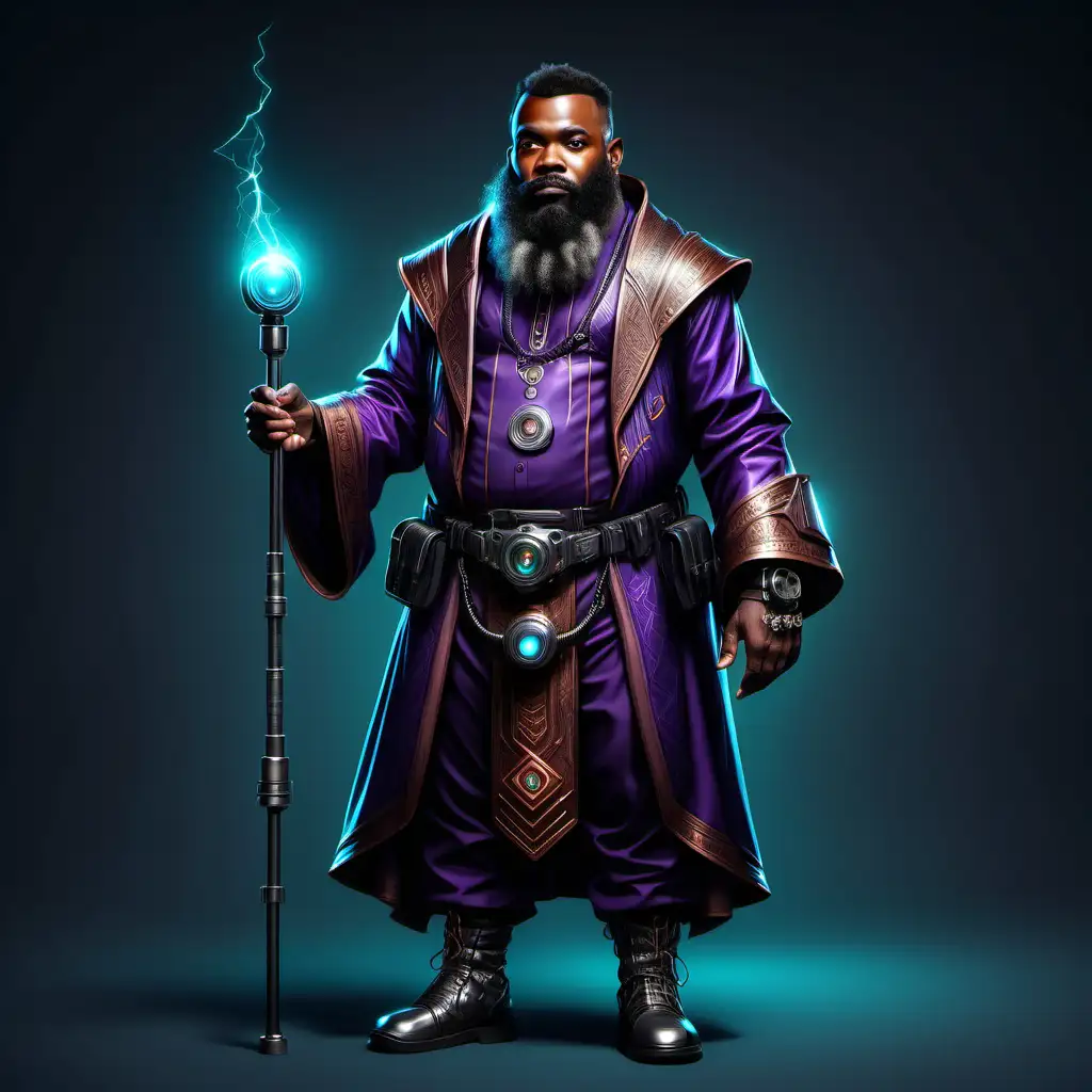 full body of dwarf african american bearded wizard,  cyberpunk style semi realistic 