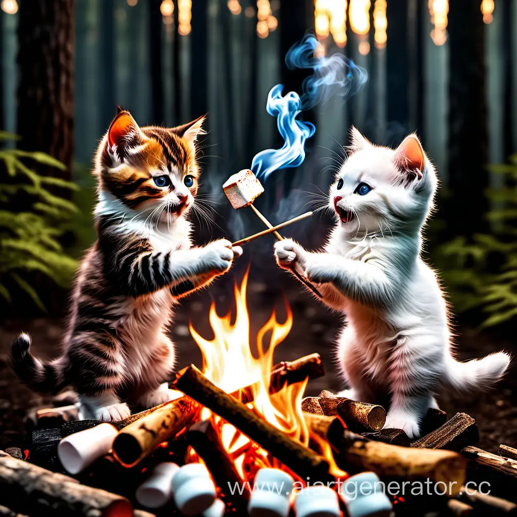 Два котика жарят маршмеллоу на костре в лесу