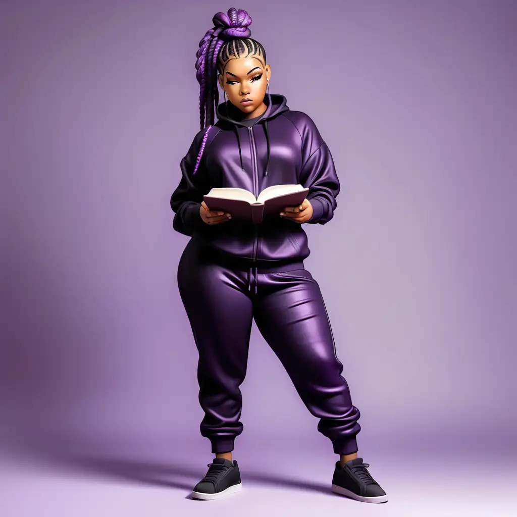 Young short black fat female skinny male dressed in a black sexy sweat suit posing, black and purple braided hair full body shot  standing and reading 