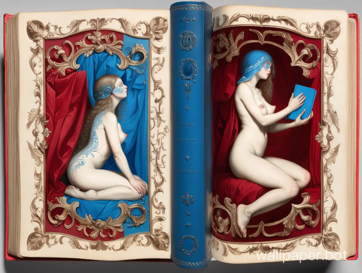 женщина обнажённая раскрашенная вполовину красным вполовину синим раскрытая книга с таинственными знаками барокко