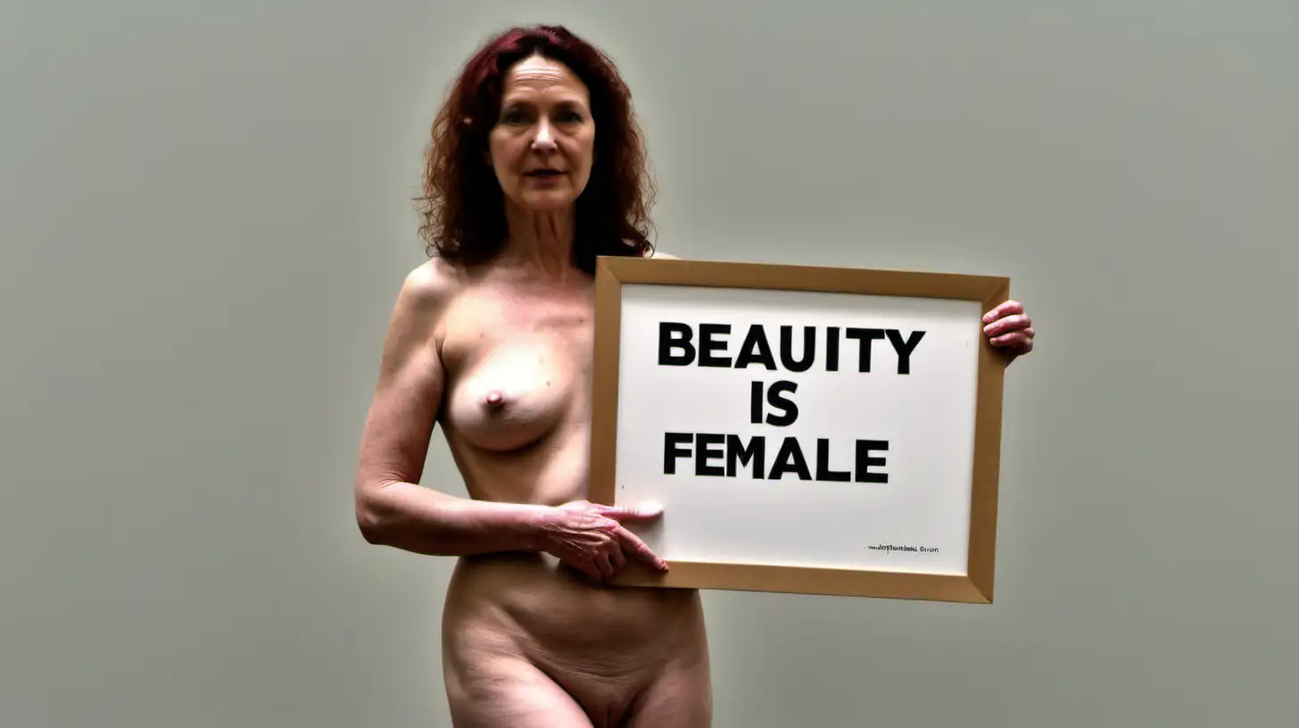 Middle aged nude in museum holding sign “Beauty is Female.”