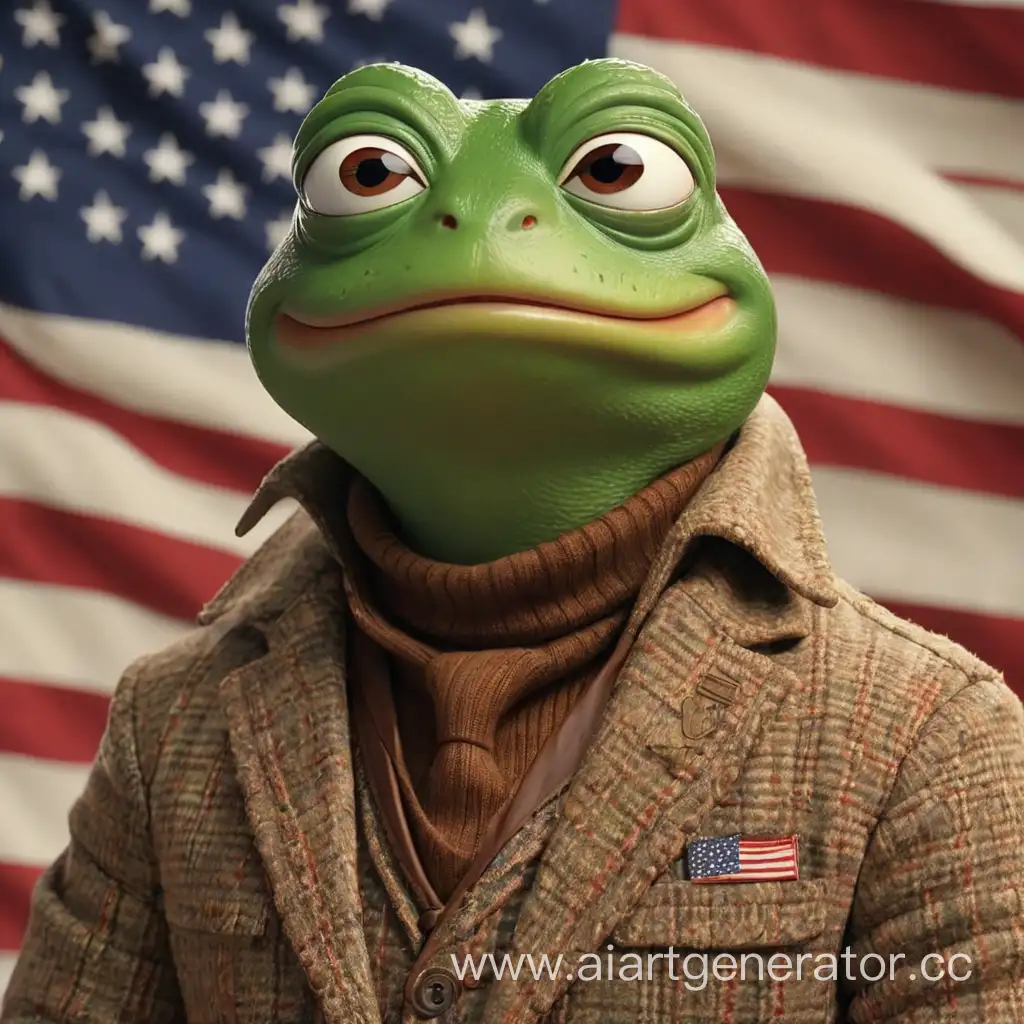 фото лягушки Pepe на фоне американского флага в твидовом пиджаке и коричневой водолазке
