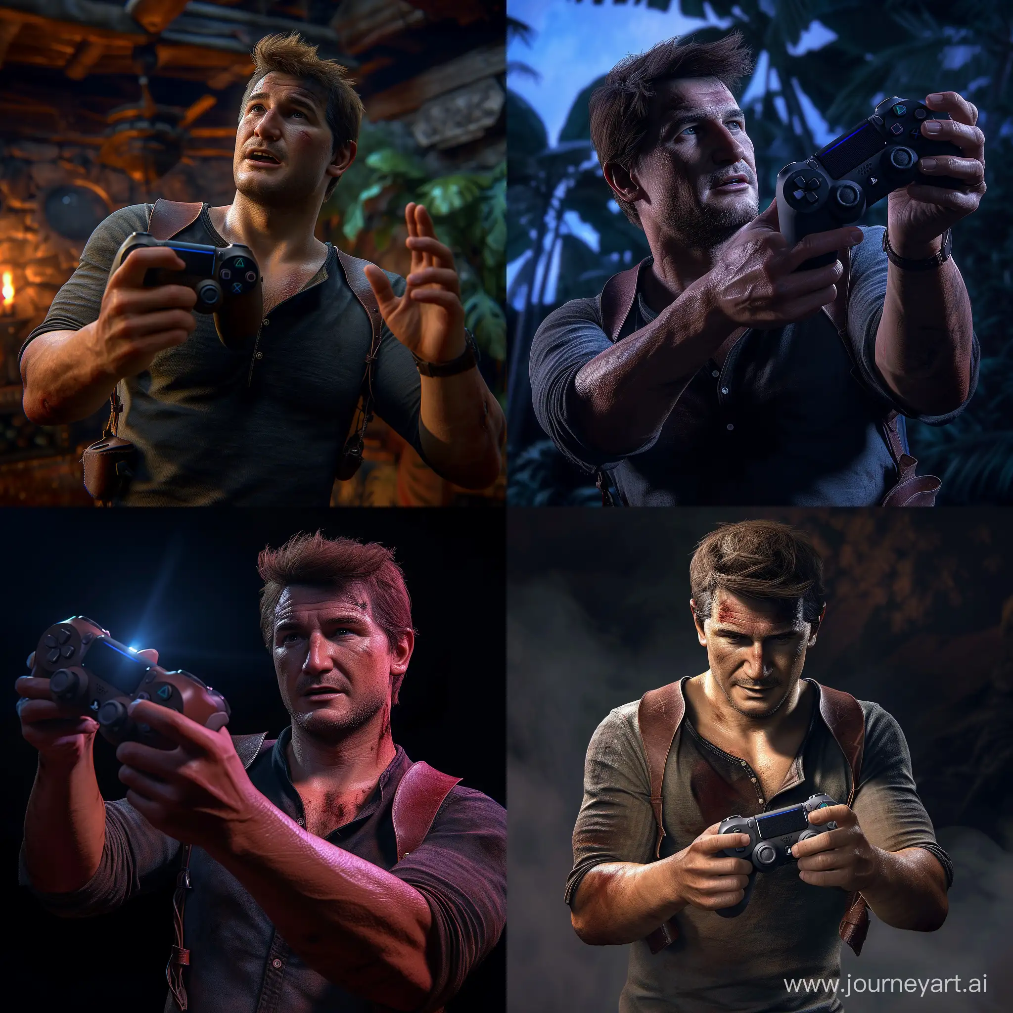 Nathan-Drake-Holding-PS5-Controller-in-Cinematic-Dramatic-Lighting