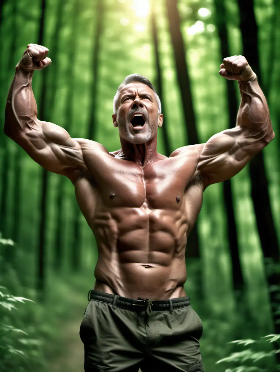 A hyper realistic photo of a attractive middle aged muscular man with his shirt off flexing his muscles up in the air close up in a green forest like background 