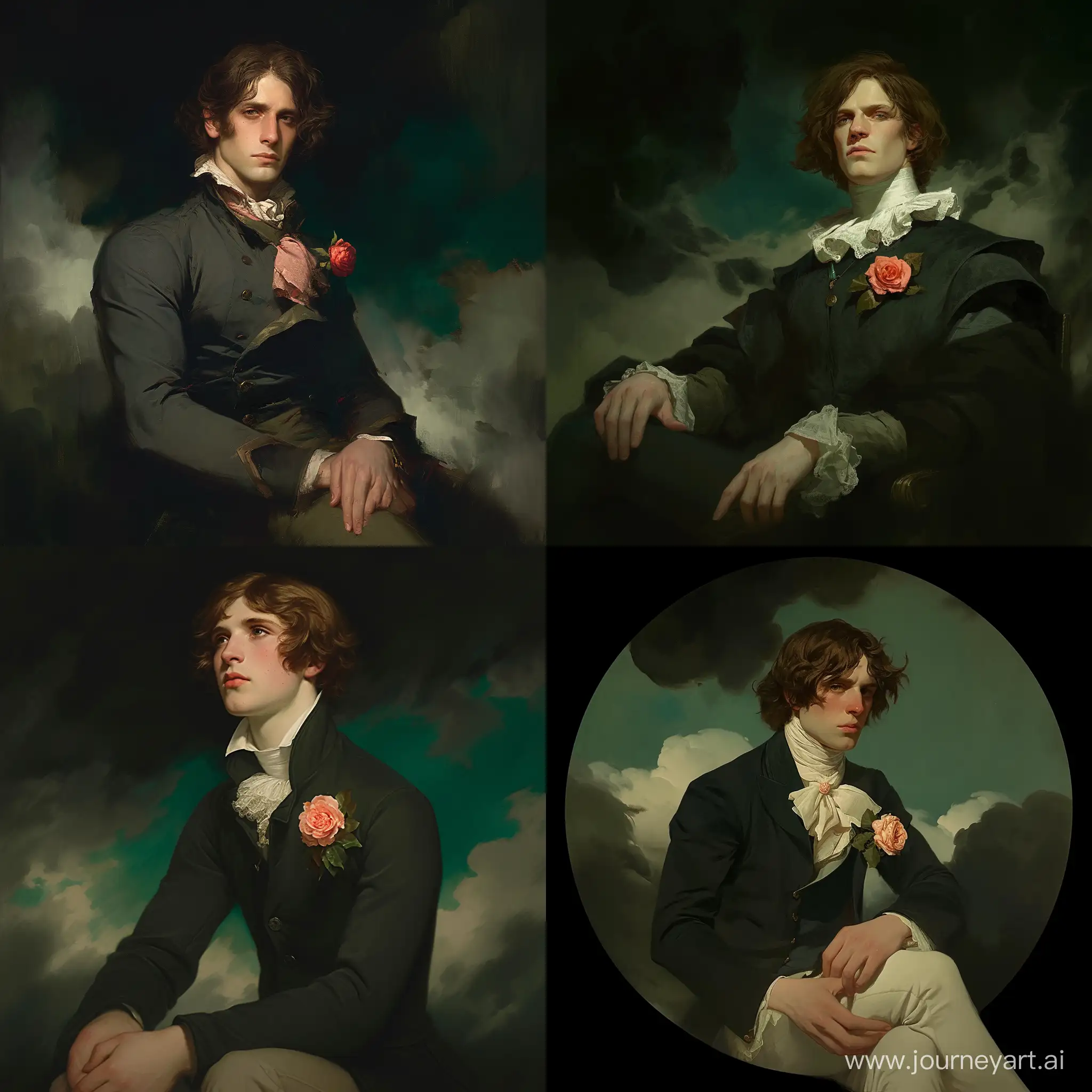 Medieval European portrait painting in style of Thomas Lawrence, depicting a young middle aged man with brown hairs, sitting and wearing full collar Victorian attire, rose flower on lapel, dark black greenish cloudy background --niji 6