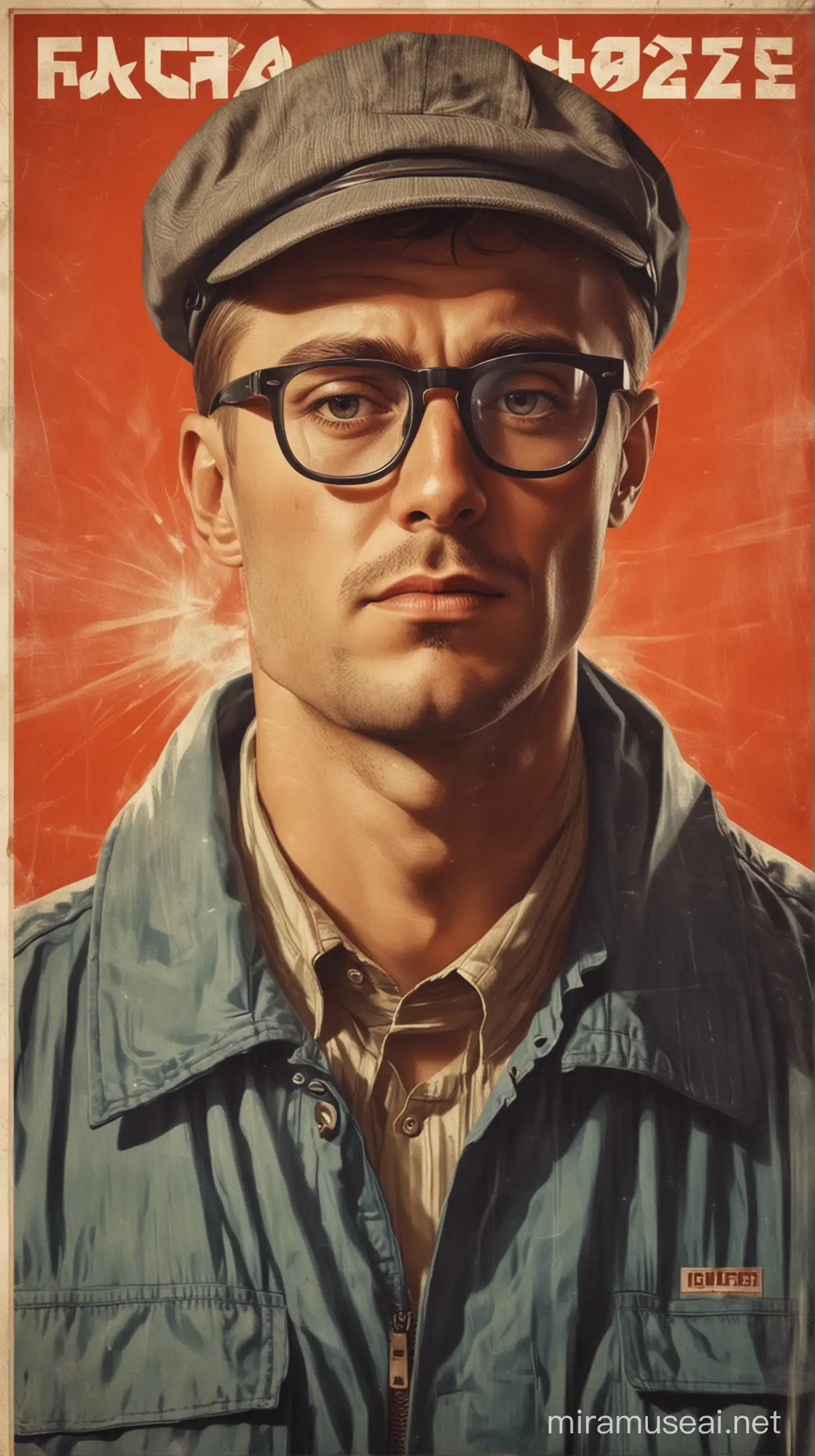 soviet retro poster, portrait of working class man in glasses, oversized clothes, looking for the hope and freedom, hi-tech, soviet cyberpank, noise effect, soviet retro poster  