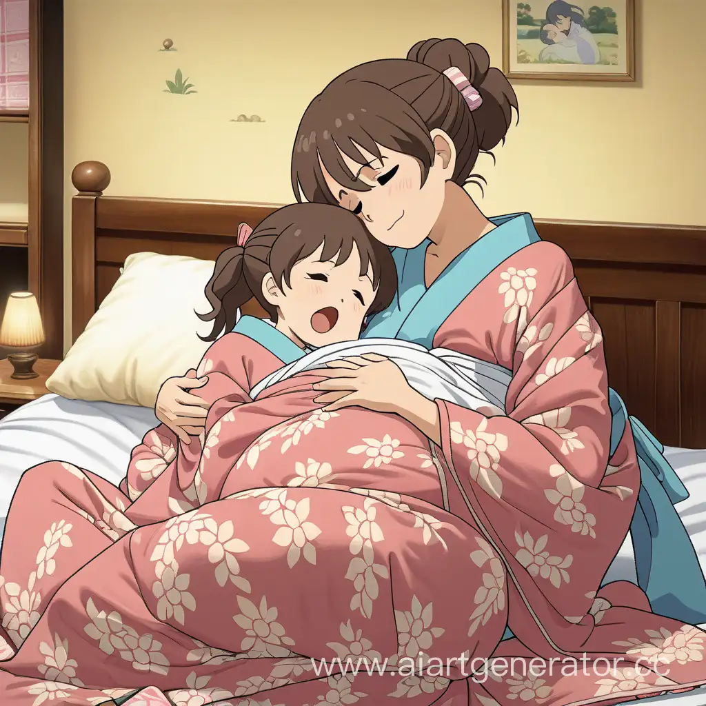 (ghibli anime) yukata pregnant mother (in quilt) hurting and her daughter hugging her mommy's tummy in (unassisted birth)