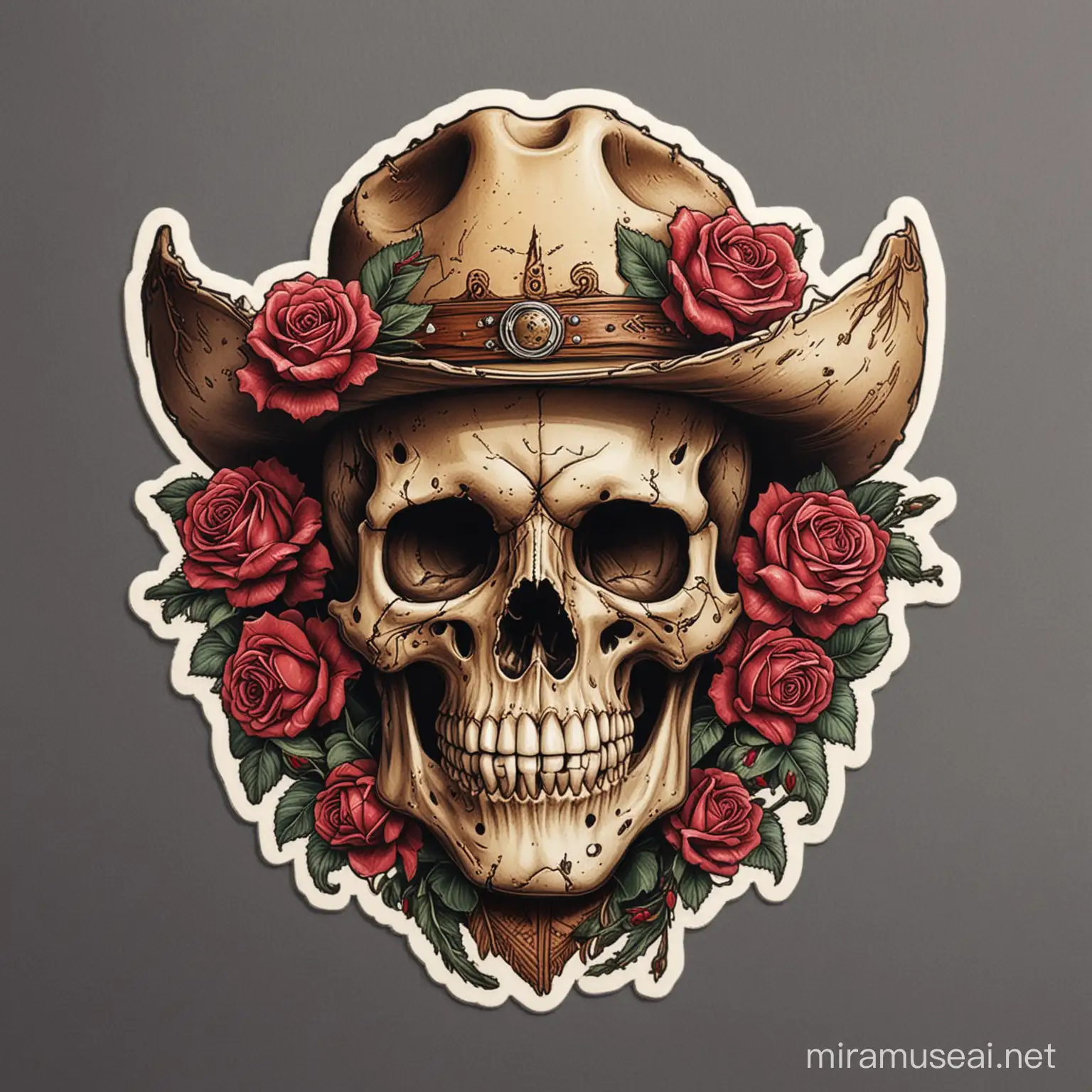 Cowboy Skull Head Sticker with Rose Decorations