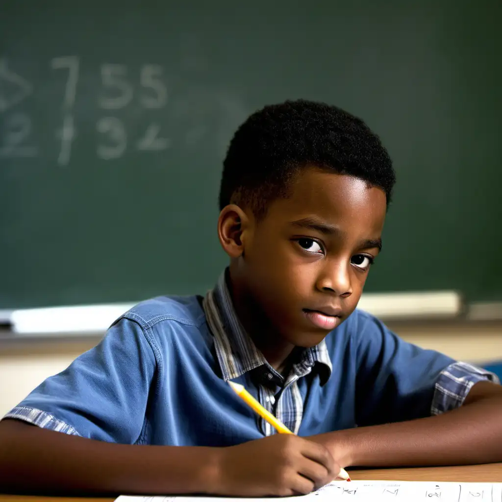 African American 5th Grade Student Solving Math Problem in Classroom