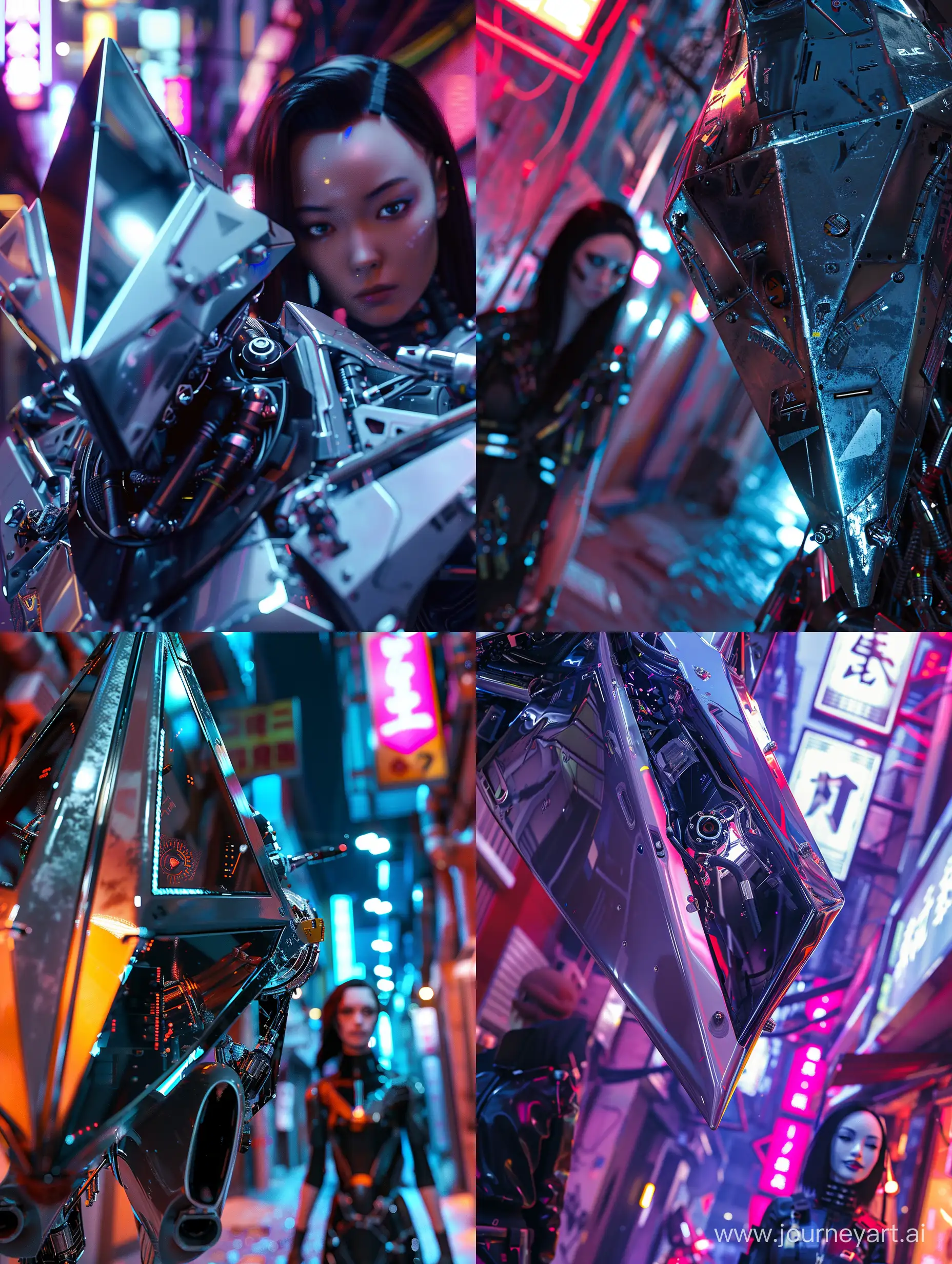 a close up dynamic scene where a  metallic   triangular faced advanced killer drone alongside a cyber punk female  black ops soldier pstanding amidst a neonatal city street alley,Volumetric lighting casts dramatic shadows, enhancing the ultra-realistic cinematography and the  drone armor is adorned with intricate cyberware , seamlessly integrating advanced cybernetic enhancements. Advanced weaponry, including energy and projectile launchers, are seamlessly integrated into the design