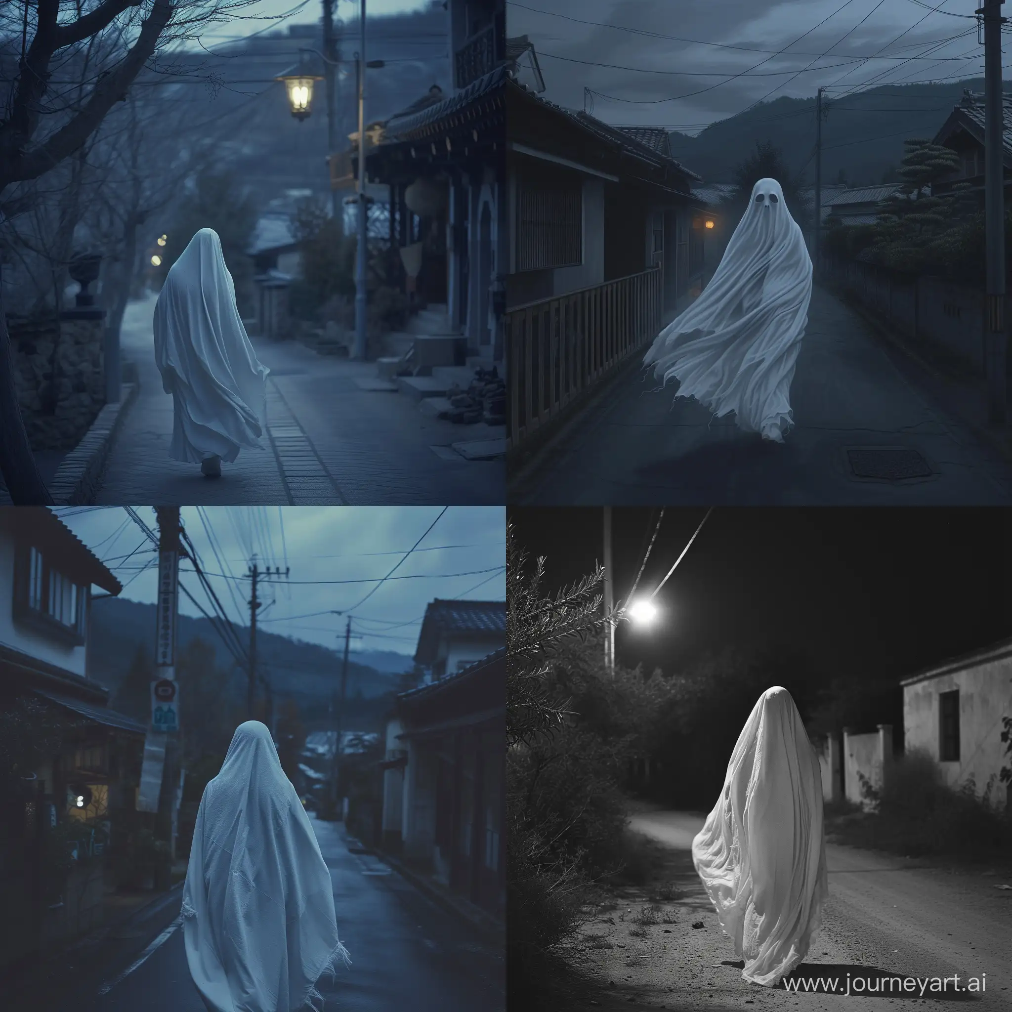 Призрачная девушка закутанная в белый саван скользит вдоль ночной деревенской улицы.  