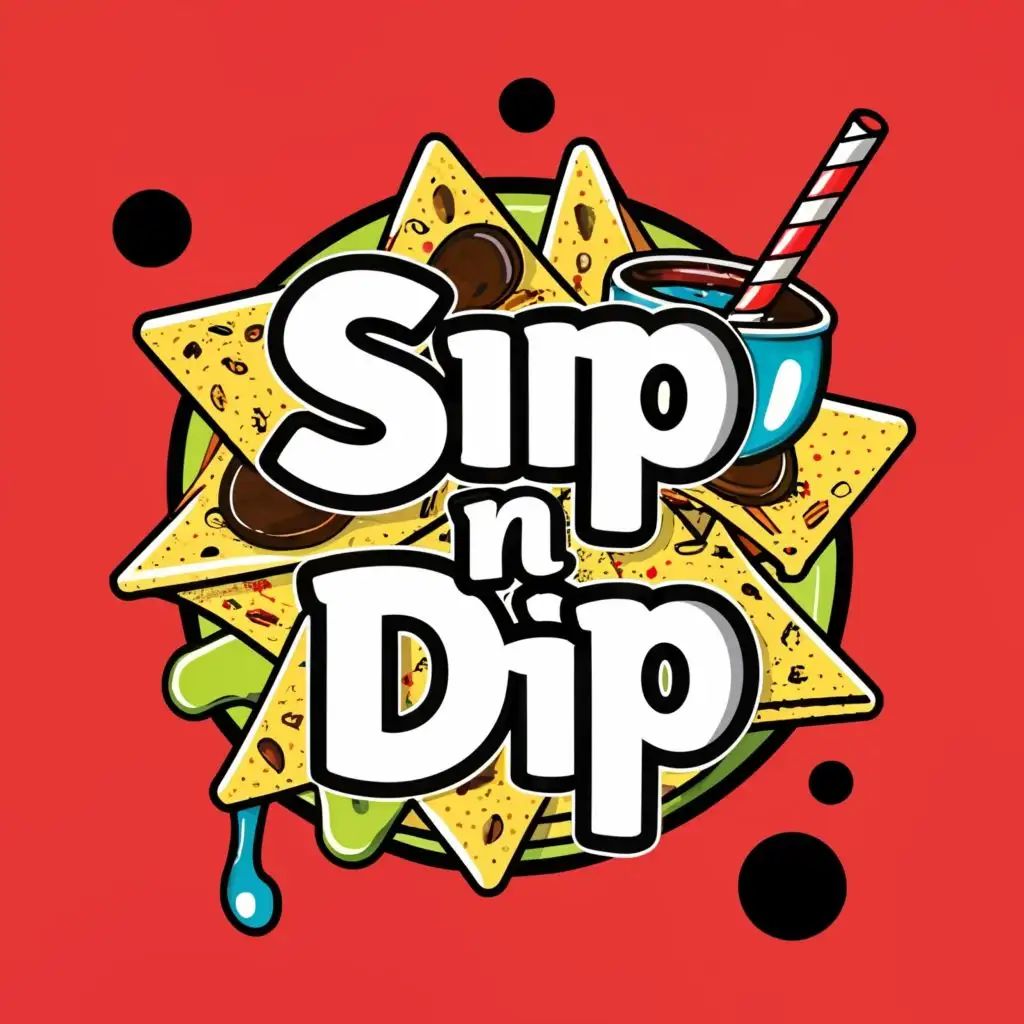 logo, nacho, sauce and drinking straw, with the text "Sip n Dip", typography, be used in Restaurant industry