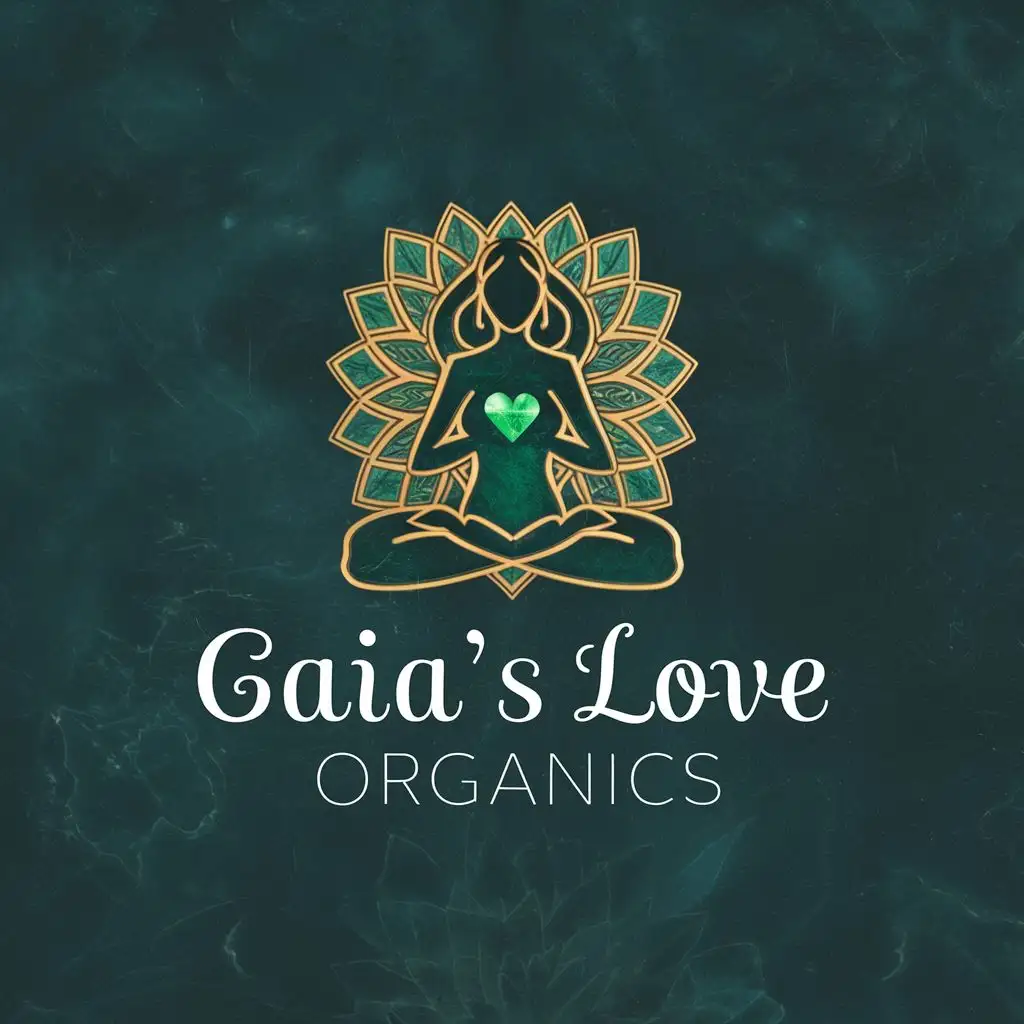 logo, Meditating mother gaia holding an emerald green heart, lotus flower with the text "Gaia's love organics", typography