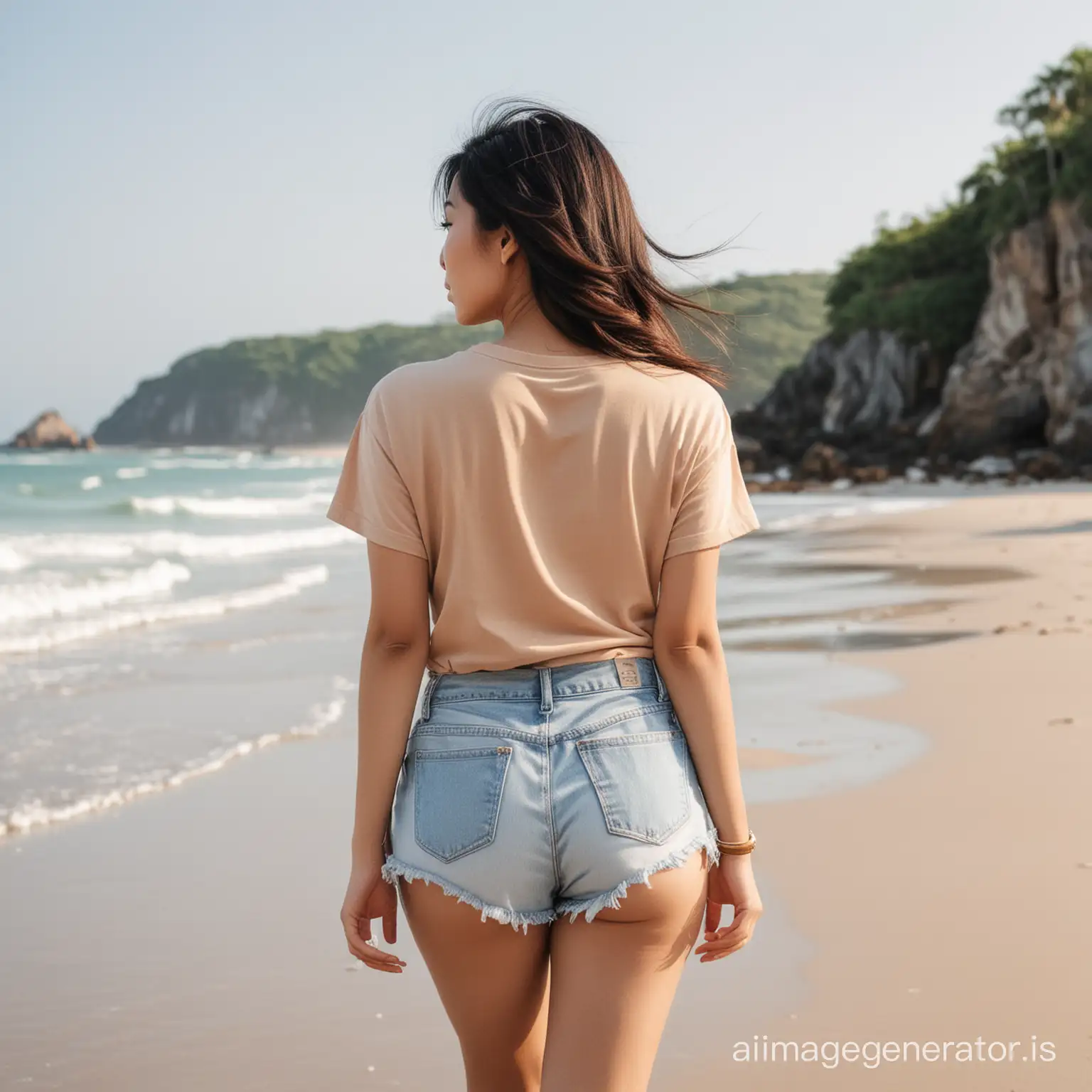 The back view of an Asian woman walking on the beach in a T-shirt and shorts.