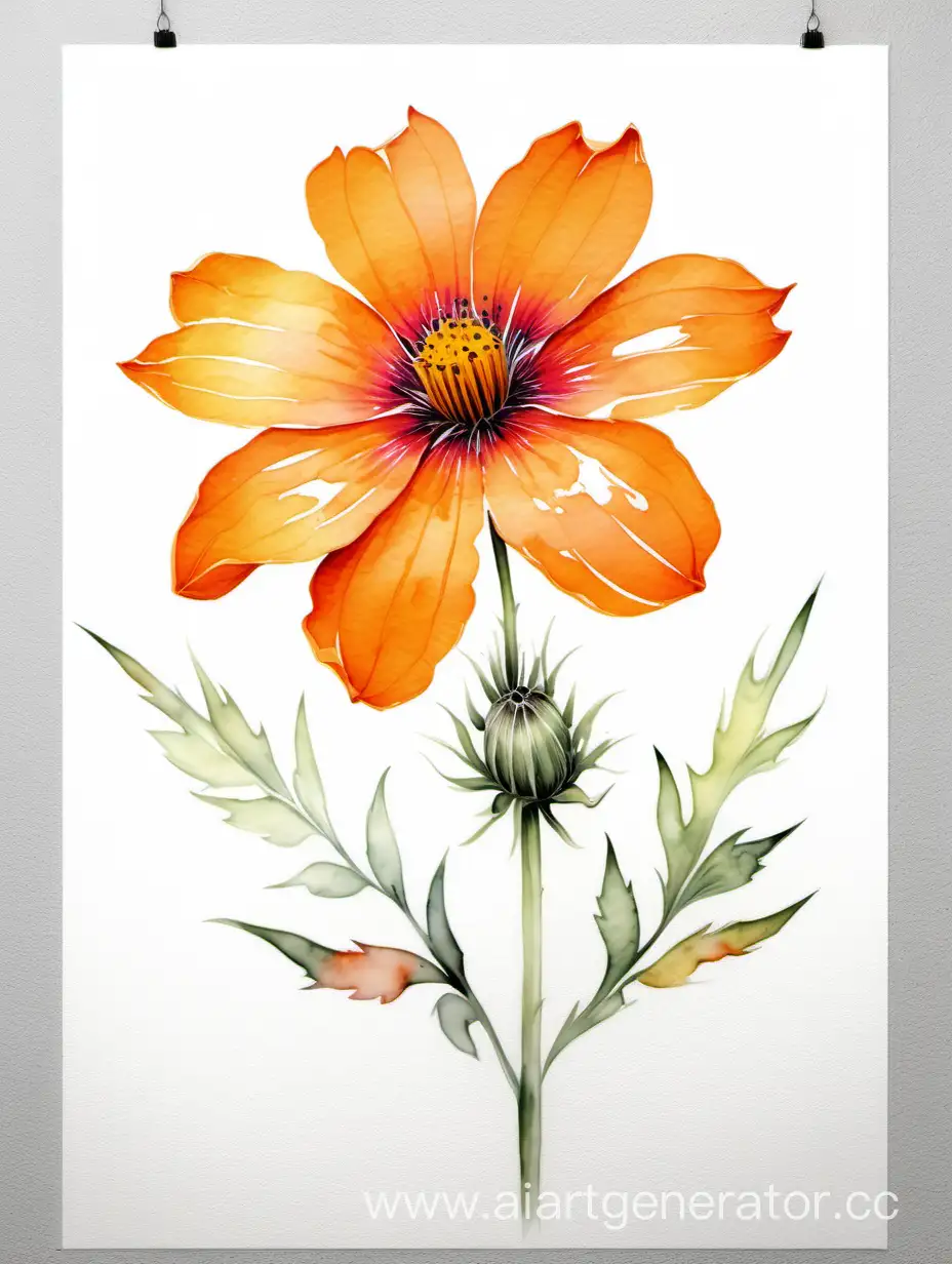big orange wildflower realistic watercolor, on completely white rough texture  background, vivid colors and  pastel colors painting, brush strokes, 