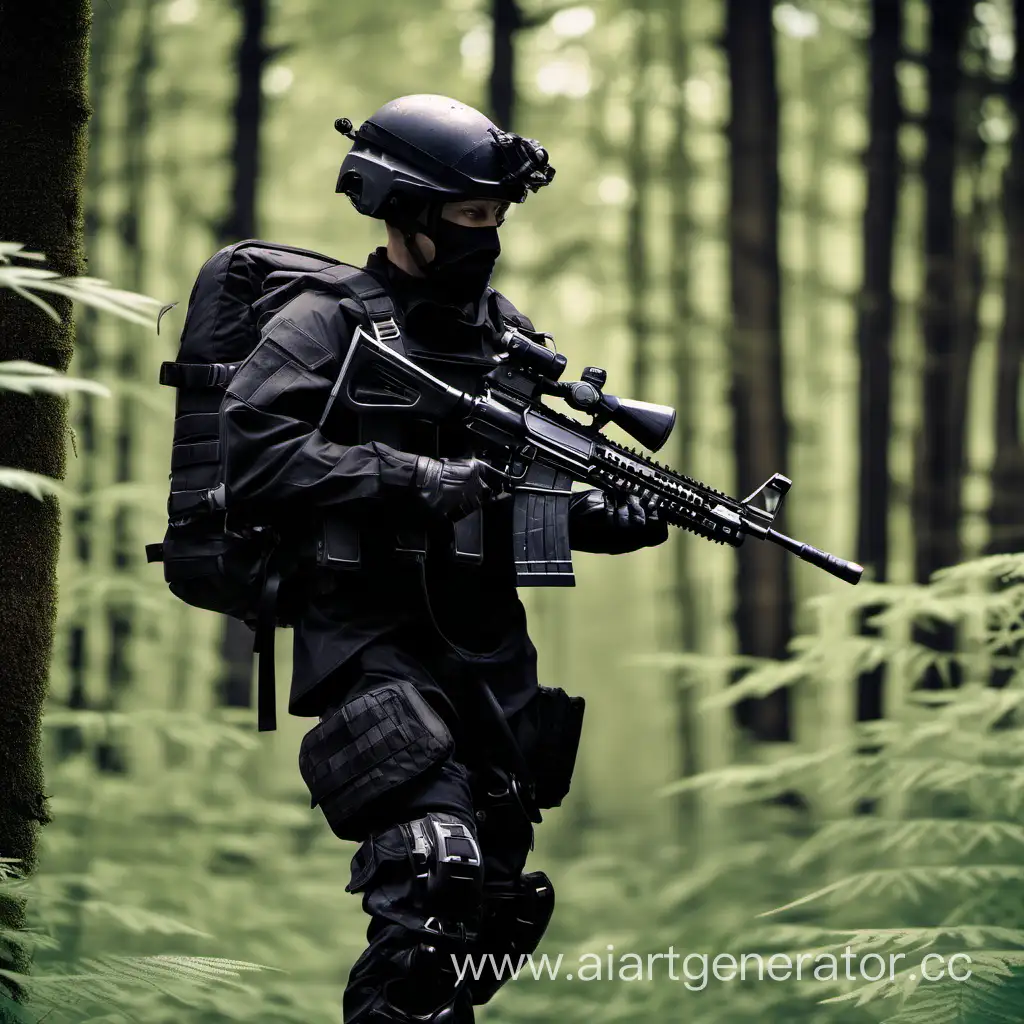Военный в чёрной форме, с автоматом в экзоскелете. В лесу, с большим рюкзаком на спине и шлеме