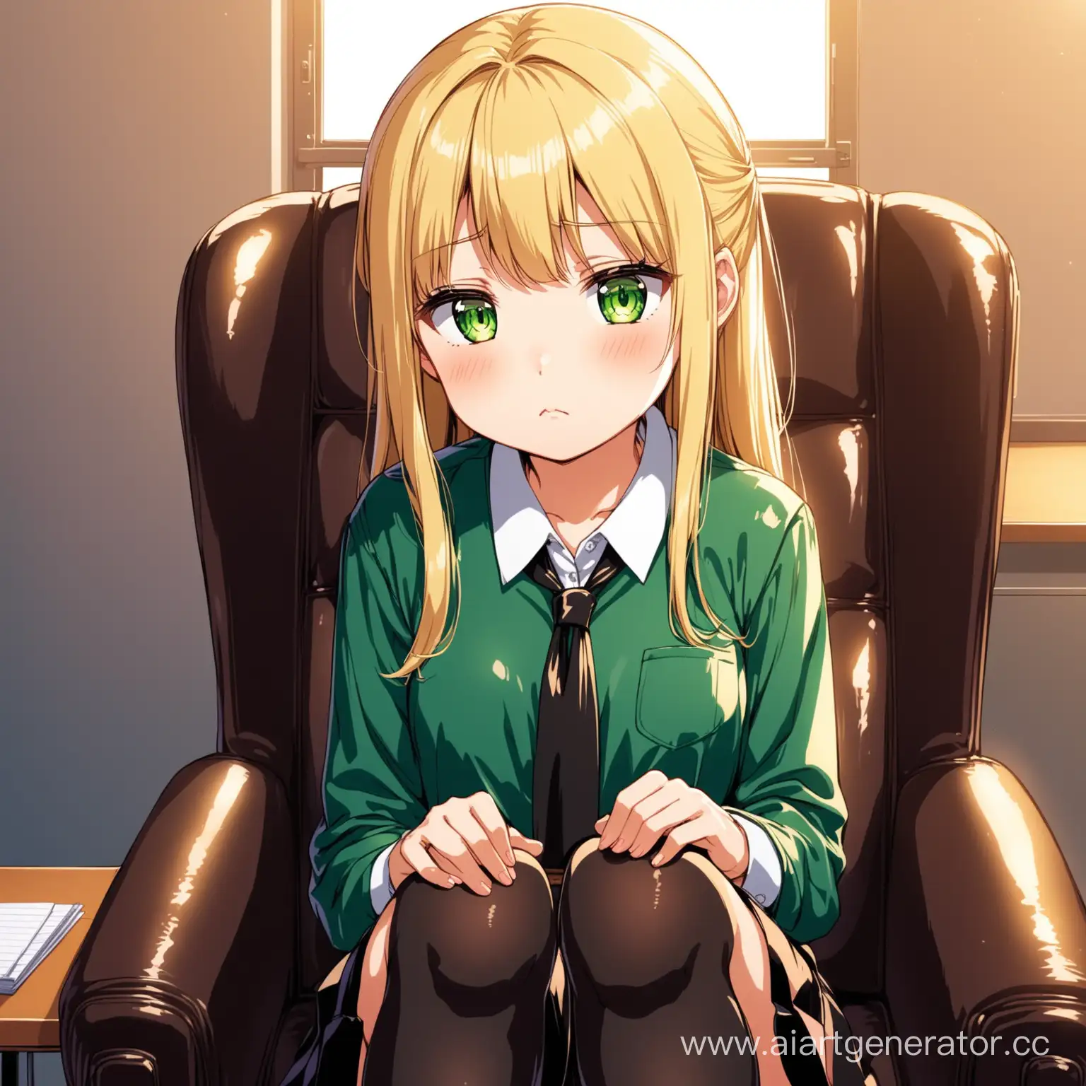 young girl, big beautiful green eyes, sweet face, short stature, long blonde hair with straight bangs, she is wearing a school blouse and a short black skirt and stockings, sitting in a leather chair in the principal's office in the evening, she looks embarrassed, anime style