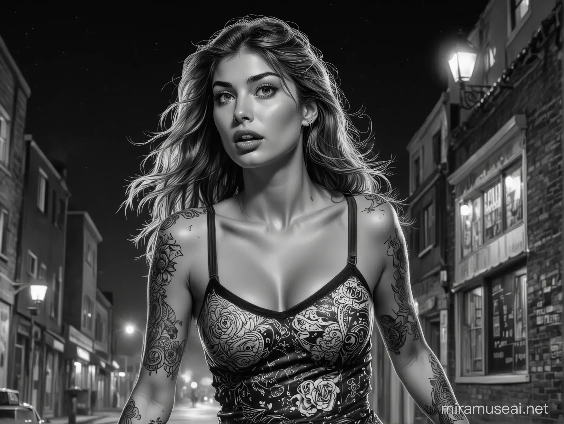 90's comic style, Black and White, Master pencil drawing. Portrait of an astonished woman, Camila Morrone, Covered in colorful tattoos, Black tiny short dress, Running. Night time. Small town. Zoom out view. Marvel comic style. High resolution.  High contrast.