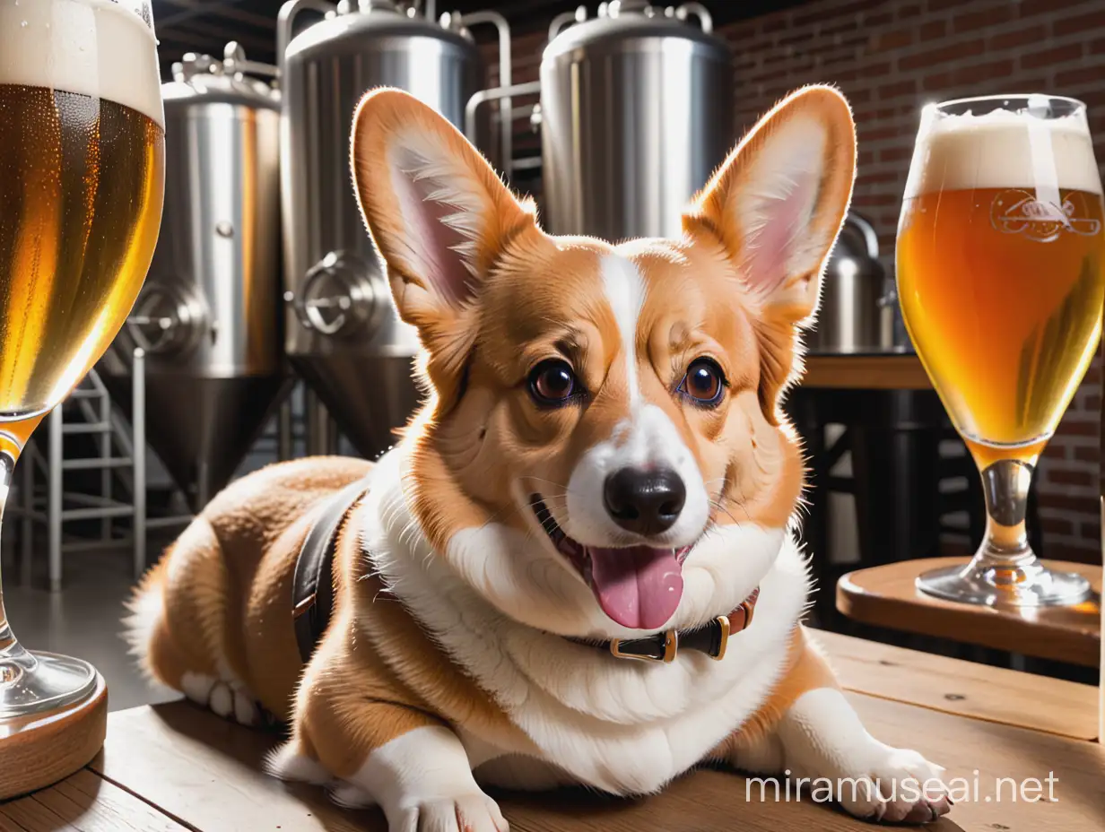 corgi going on a brewery tour and drinking beer