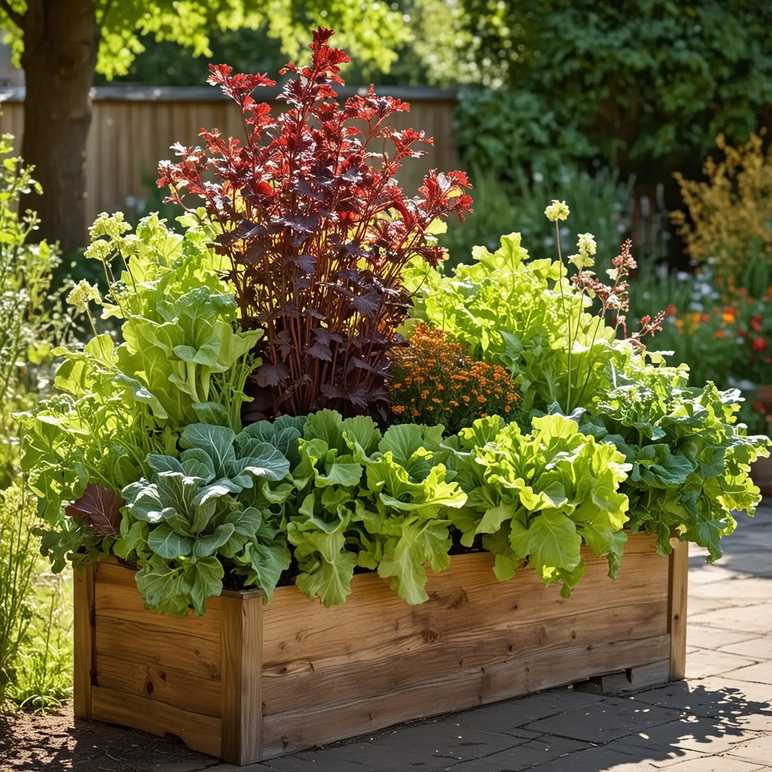 AN OUTSIDE PLANTER WITH VARIOUS LETTUCES IN IT. SUNNY BACKGROUND WITH BLURRED  GARDEN FLOWERS AND TREE