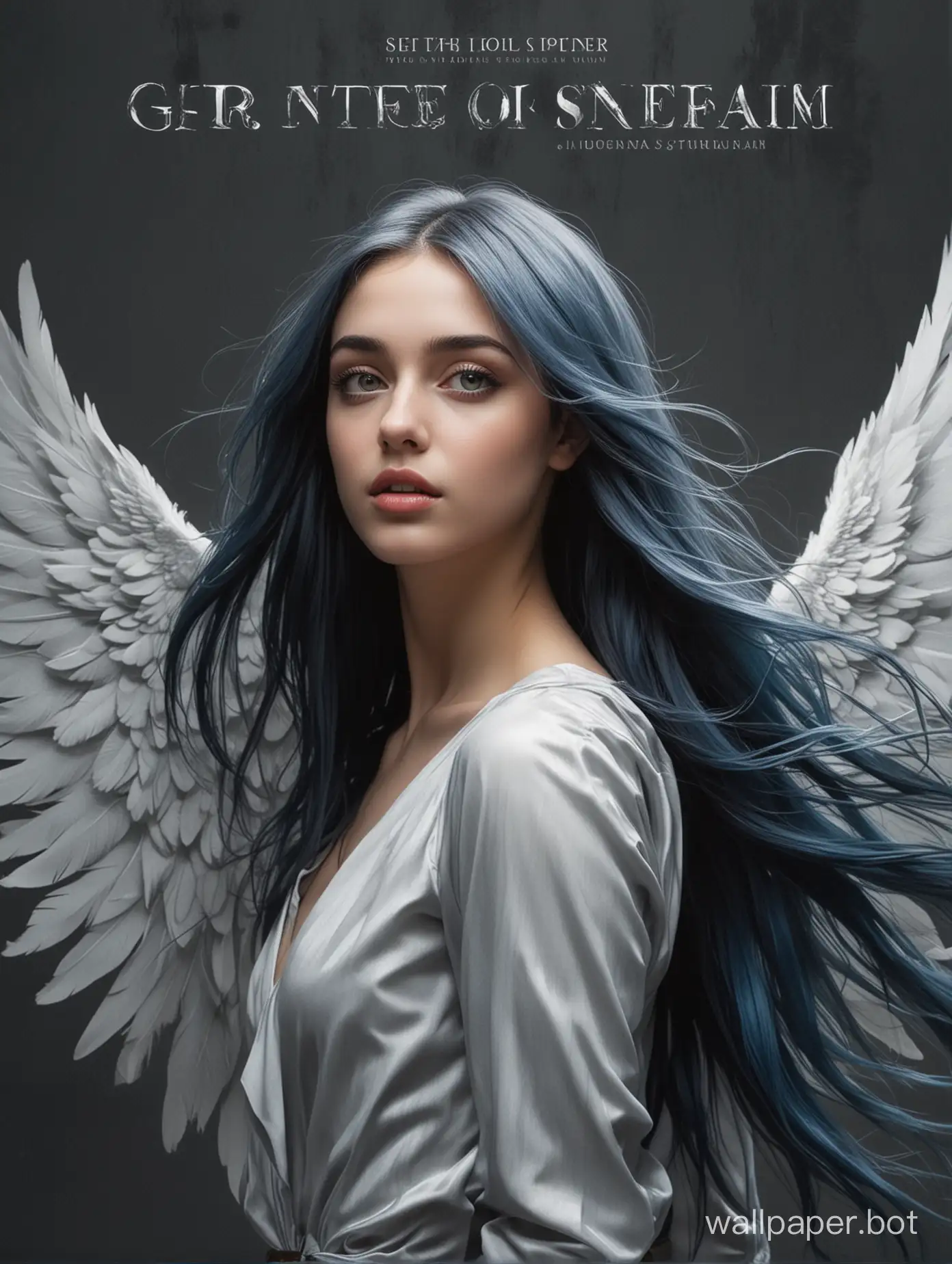 On the black-and-gray cover of the book is depicted a girl with long, straight, and vividly blackish-blue hair, falling freely onto her shoulders and back. Her gray eyes are filled with a melancholic and mysterious gaze that mesmerizes the viewer. The light skin of the girl stands out against the dark background, creating contrast and adding dynamism to the composition. Behind her stands a young man without a beard, dressed in a formal suit. His gaze is directed at the girl, but it remains unnoticed, emphasizing her role as the central character of the cover. Wings and feathers flutter around the girl, creating a sense of movement and adding dynamism to the cover. This effect is enhanced by dark and silvery shades that shimmer on the surface of the cover, creating depth and visual interest.