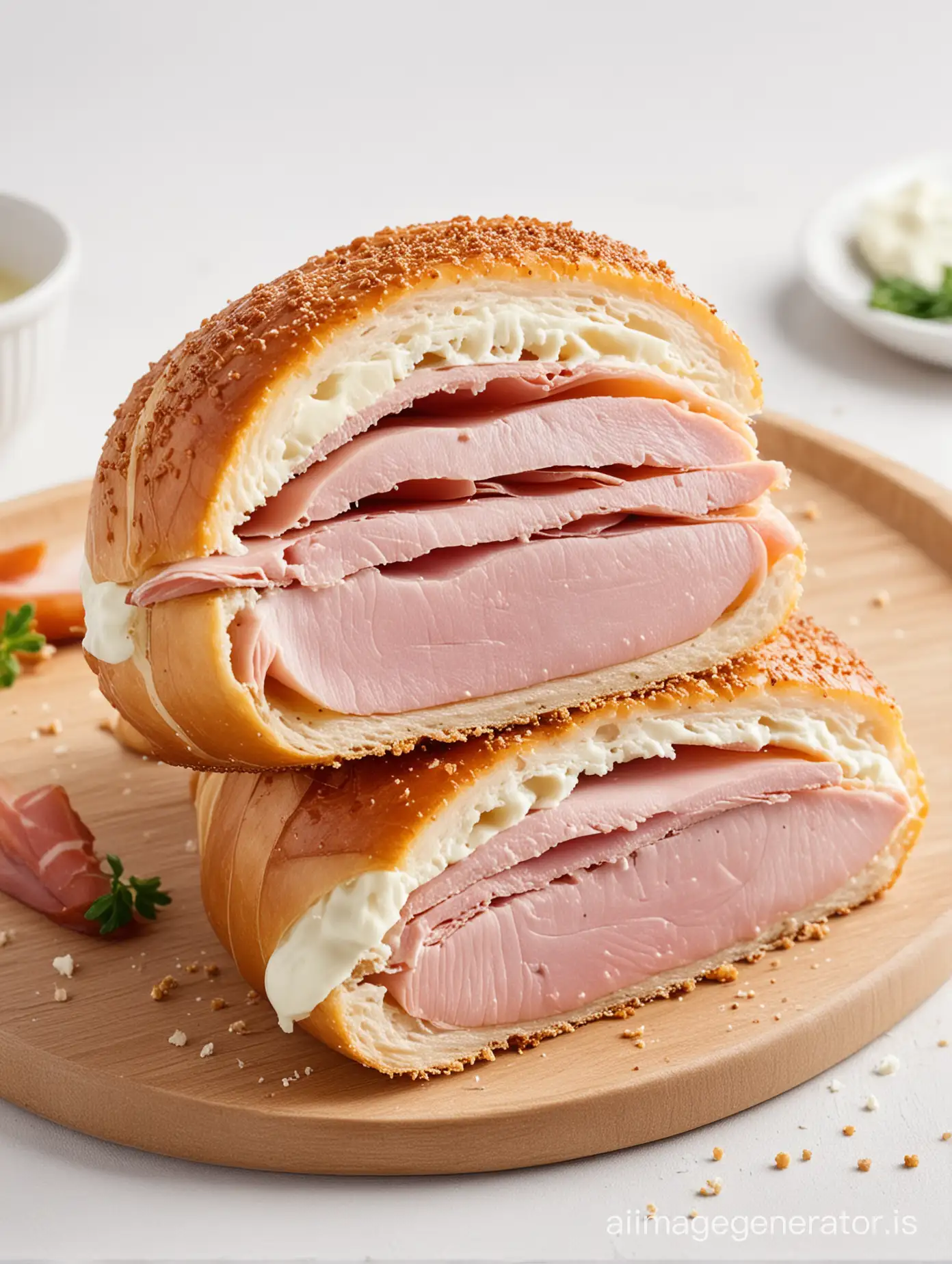 Cordon bleu wrapped ham around soft cheese on white background slice