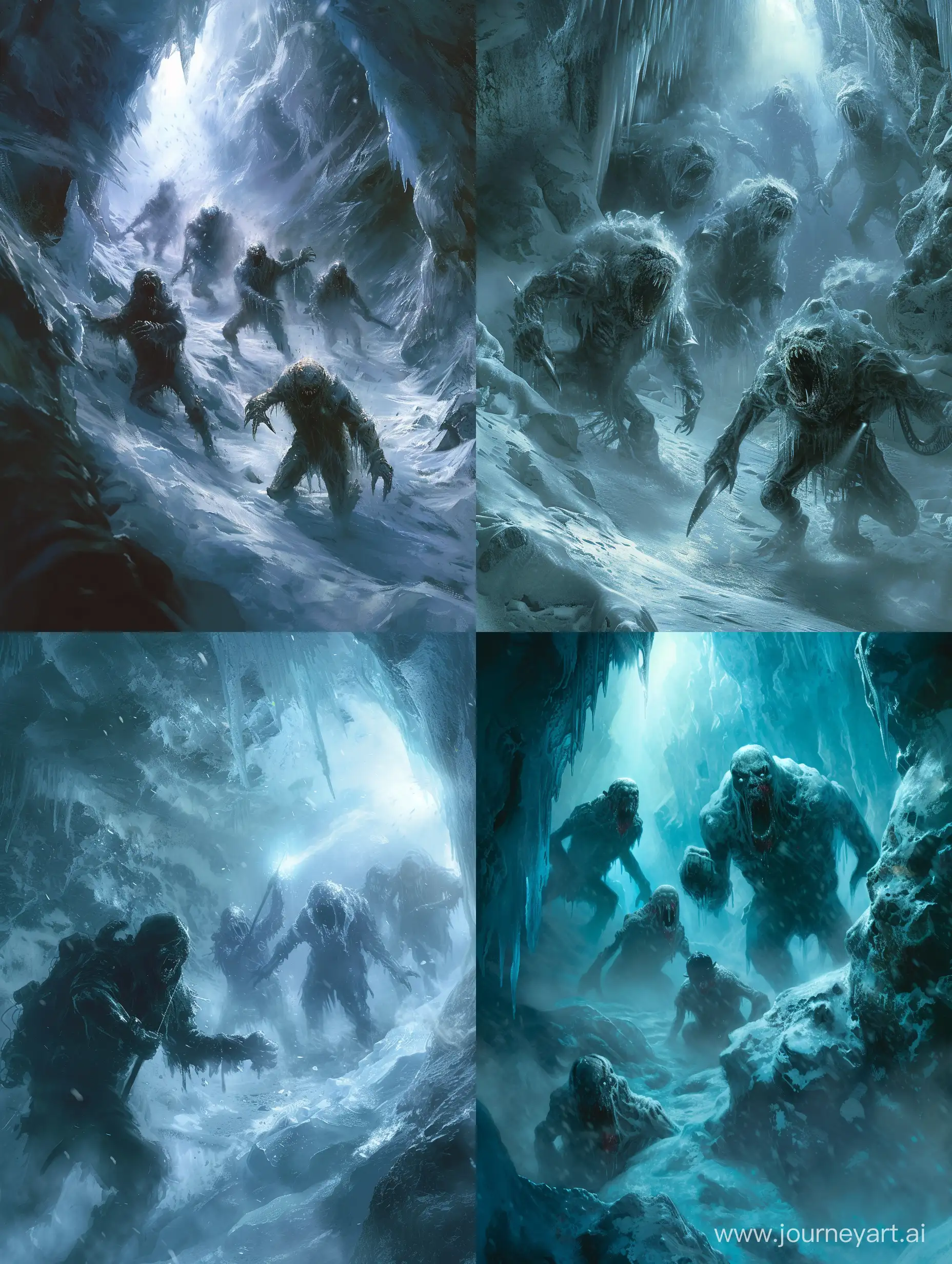 Ice creatures,humanoid,angry, attacking,in an ice cave,cold light,steampunk.incredible detail,terrifying.