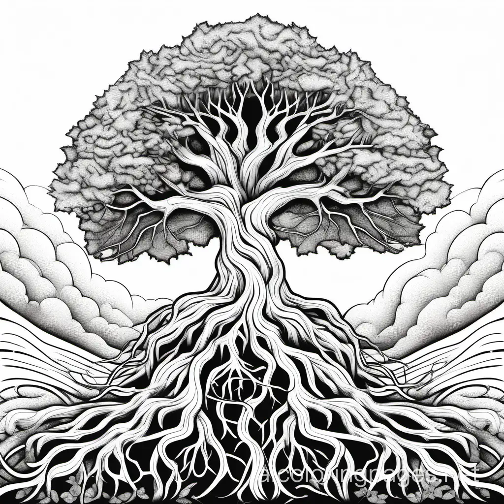 a majestic tree with roots stretching down into the ground and towards the heavens showing the interconnectedness, Coloring Page, black and white, line art, white background, Simplicity, Ample White Space. The background of the coloring page is plain white to make it easy for young children to color within the lines. The outlines of all the subjects are easy to distinguish, making it simple for kids to color without too much difficulty