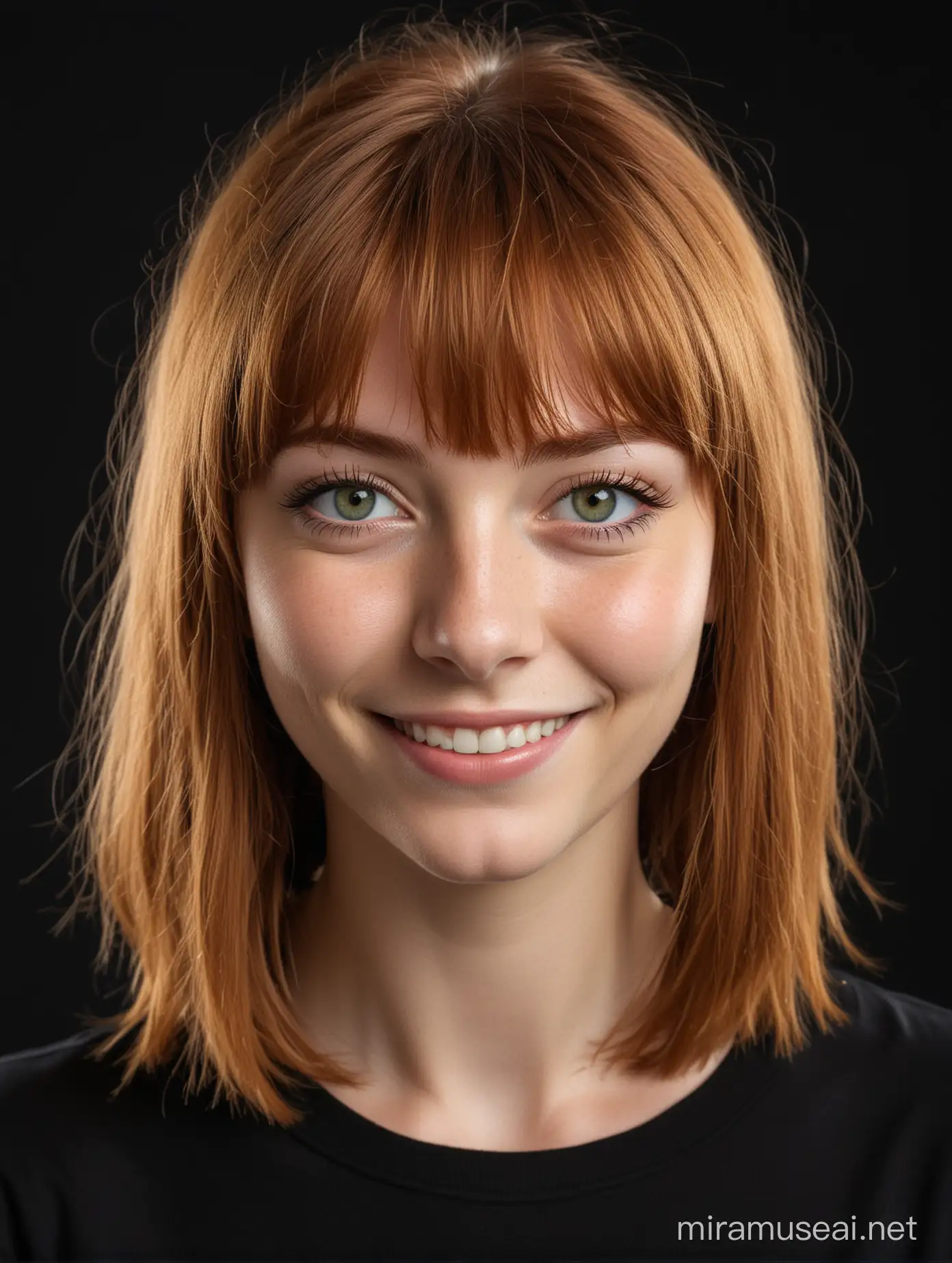 head and upper body picture of a girl with super green eyes, wearing a black top, ginger hair 1960 bob bangs, black background looking at the camera, no makeup, smiling
